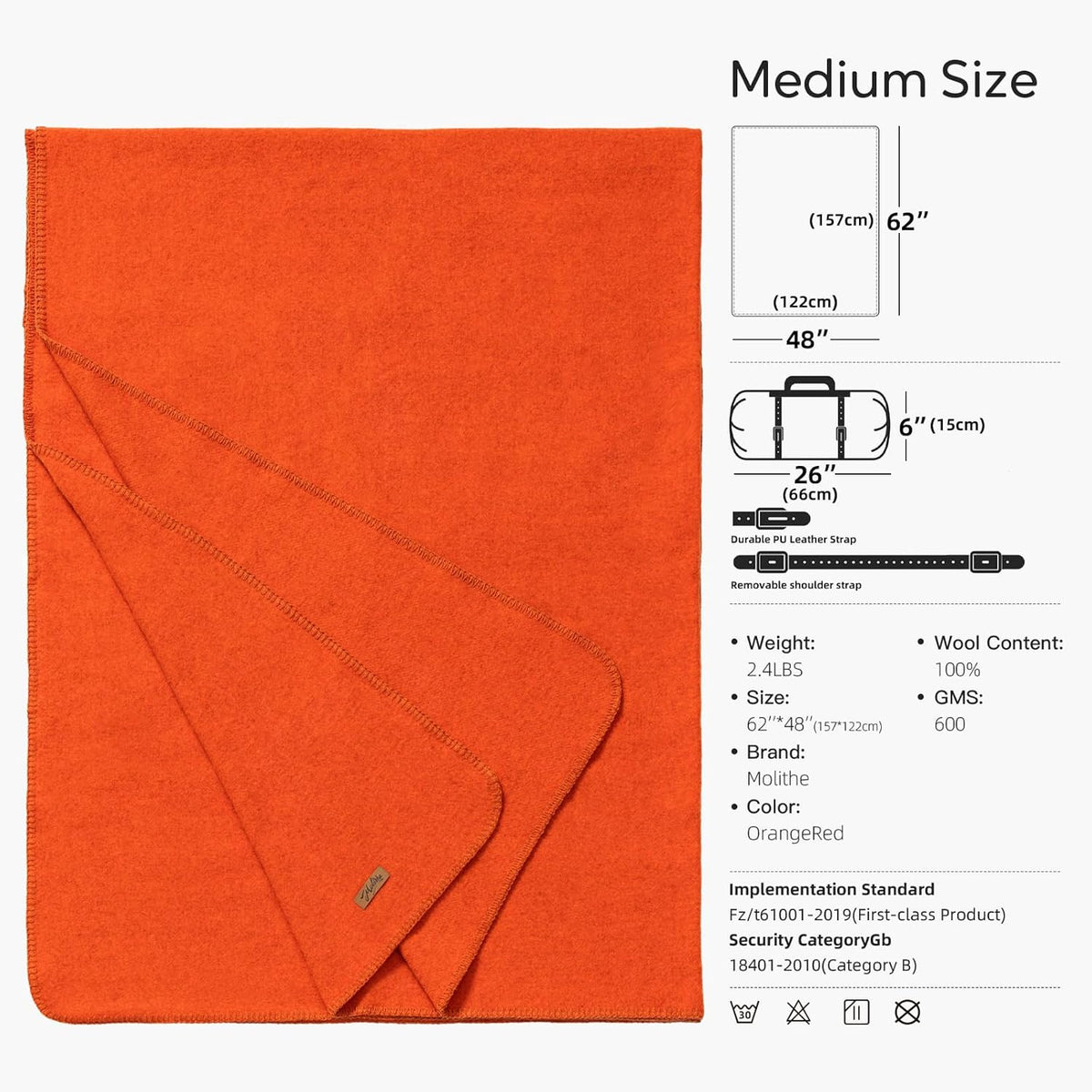 100% Wool Blanket, 48" x 62", Warm, Thick, Washable, Military Wool Blanket, Great for Camping, Outdoors, Sporting Events, Survival Kits, OrangeRed