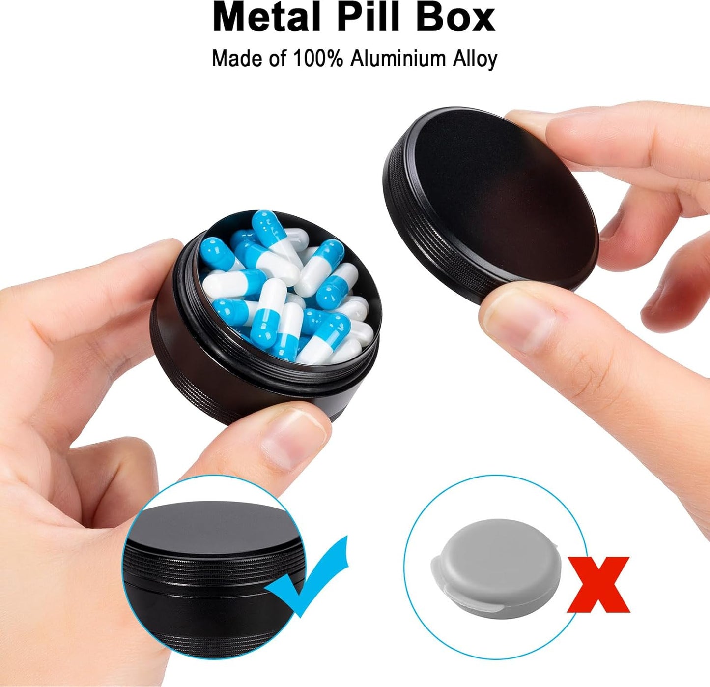 Portable Pill Box Metal Pill Case - Single Waterproof Pill Container for Purse & Pocket Travel Pillbox, Daily Round Aluminium Medicine Organizer Holder to Hold Vitamins, Medication, Fish Oil