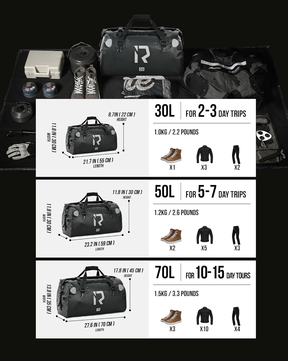 IRON JIA'S Motorcycle Dry Bag - Waterproof Duffle & Luggage Tail Bag Saddle Bags with Roll Top Closure, Shoulder Straps, Inner Pocket and Mesh Pocket (Black, 50L)