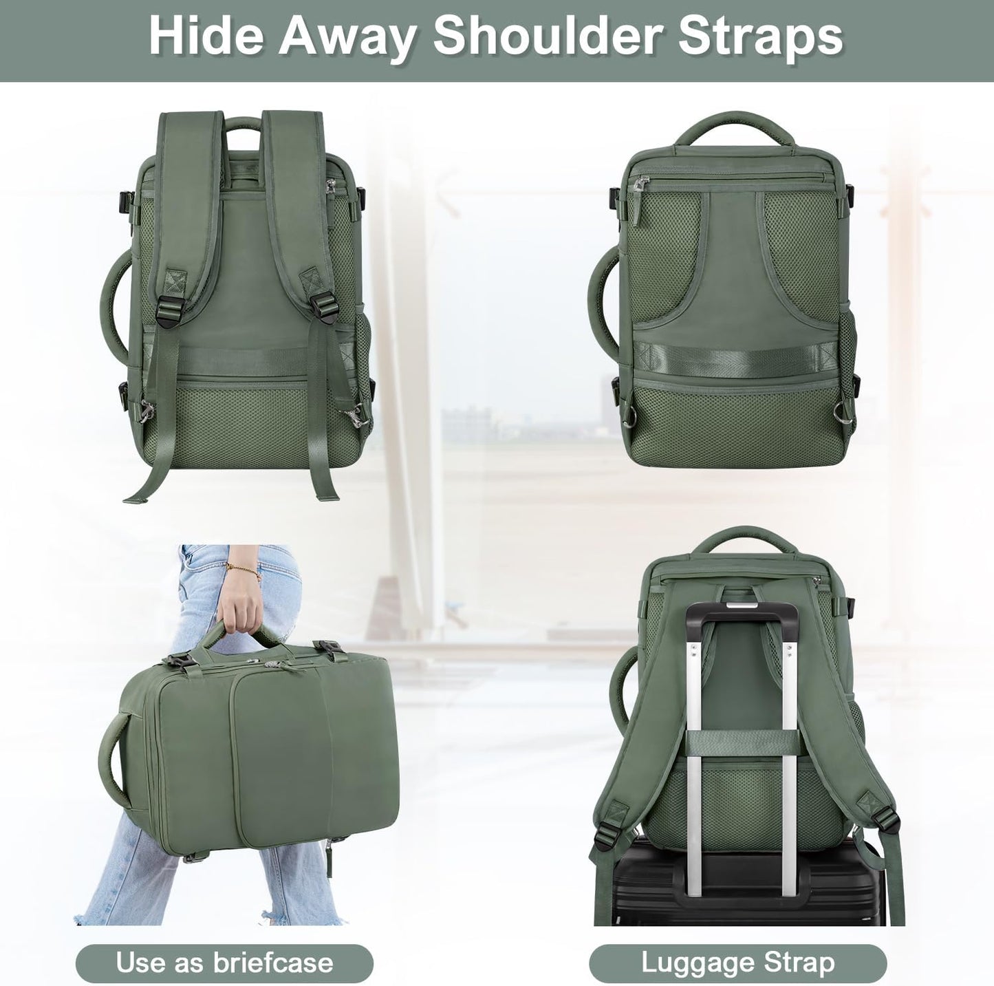 Travel Backpack, Carry on Flight Approved Backpack with Multi-Pockets, TSA Waterproof 17.3inch Laptop Backpack, Personal Item Travel Bag for Men Women, Army Green