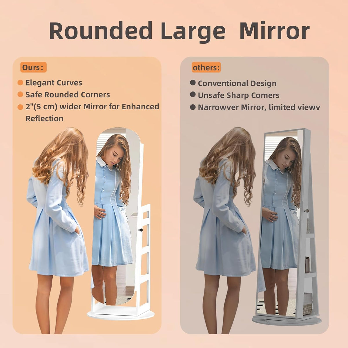 RQZ 8 LEDs Jewelry Cabinet Armoire Standing, 360° Swivel Jewelry Organizer, Lockable Jewelry Storage with Rounded Wide Full-Length Mirror, 4 Storage Shelves, Interior Mirror (61.4" H)