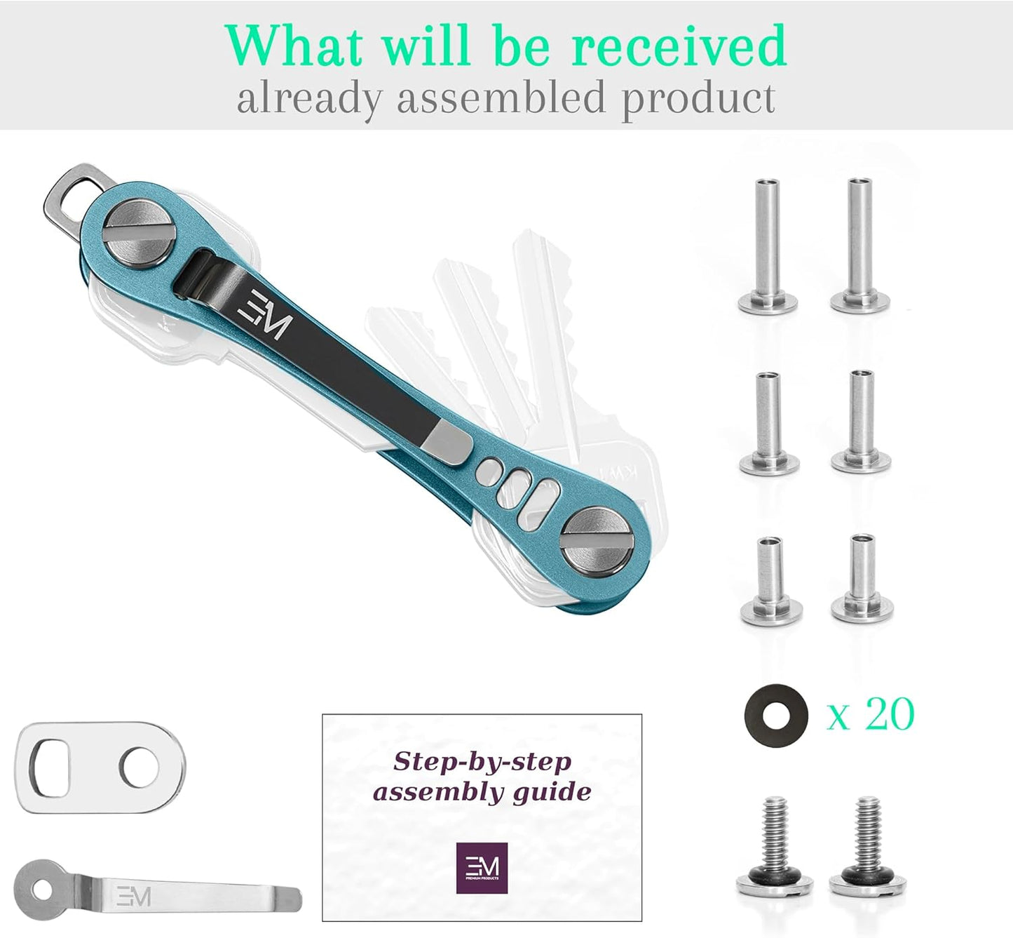 EM Premium Products Compact Key Holder - Pocket Key Organizer - 14 Keys Key Bar