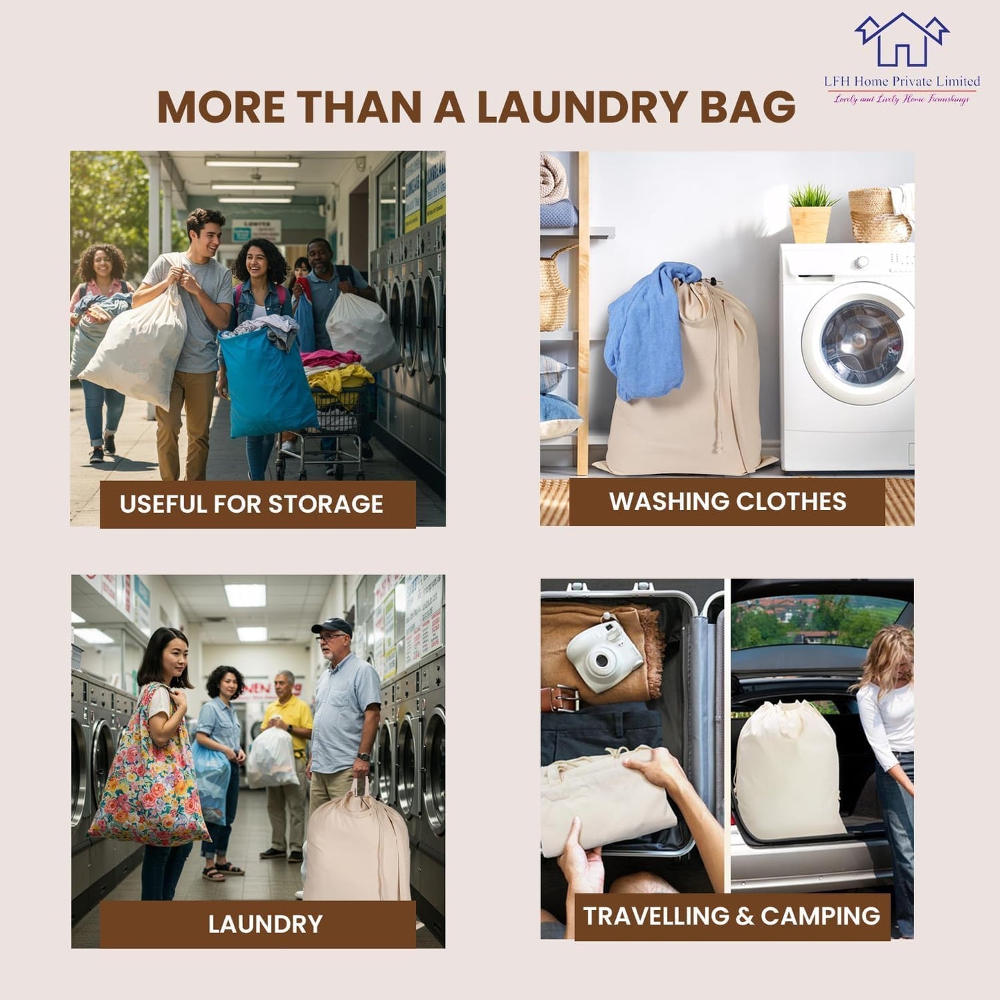 LFH Home Large Premium 100% Cotton Canvas Laundry Bag with Drawstring and Handles Heavy Duty, Multi-Use, and Washable for Home, Travel, College or Storage 28x36 (Pack of 2)-Natural