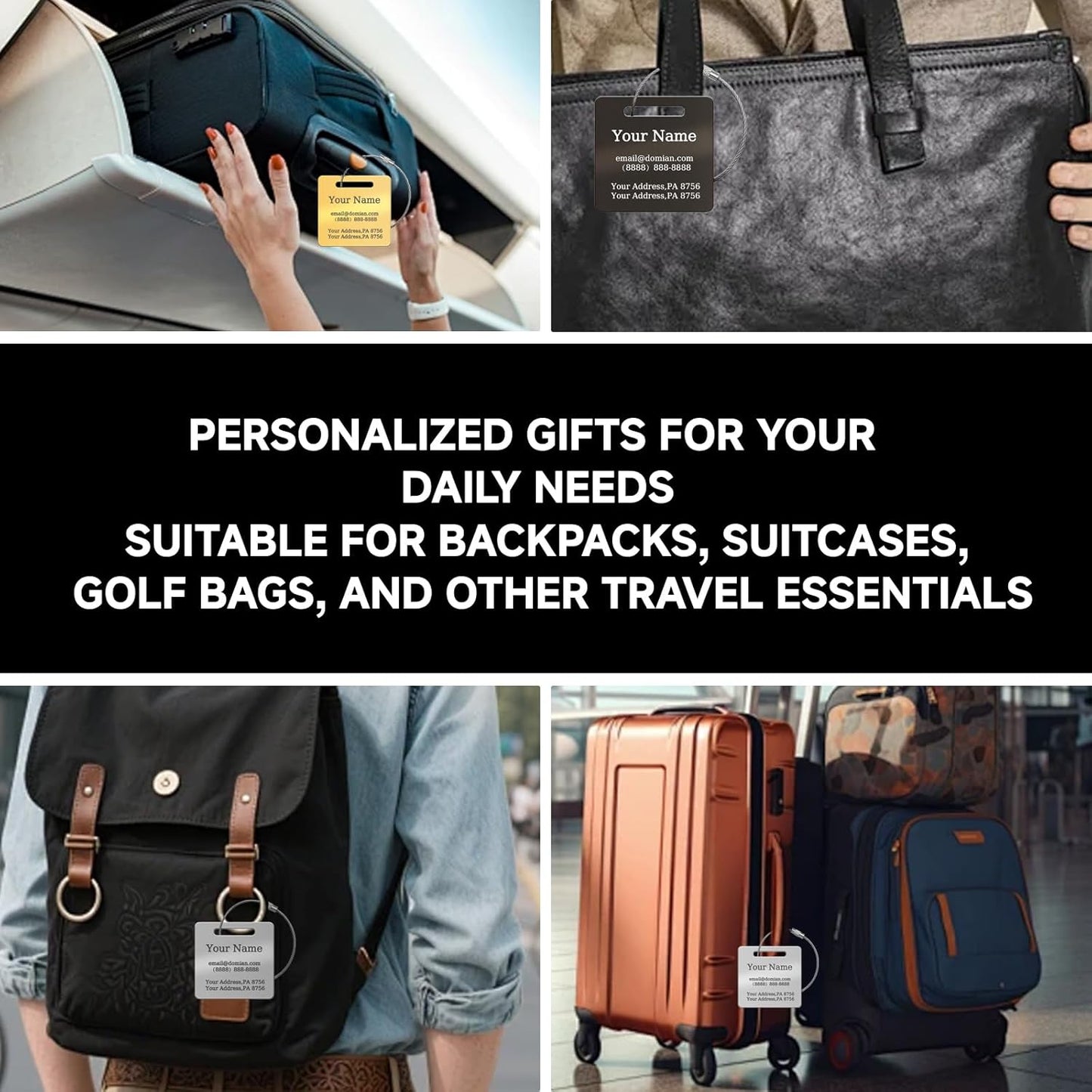 (2-Pack) Stainless Steel Custom Luggage Tags - Laser Engraved Personalized Travel Tags - Custom Name Identification Tags: for Suitcases, Backpacks, Bags and More (Gold)