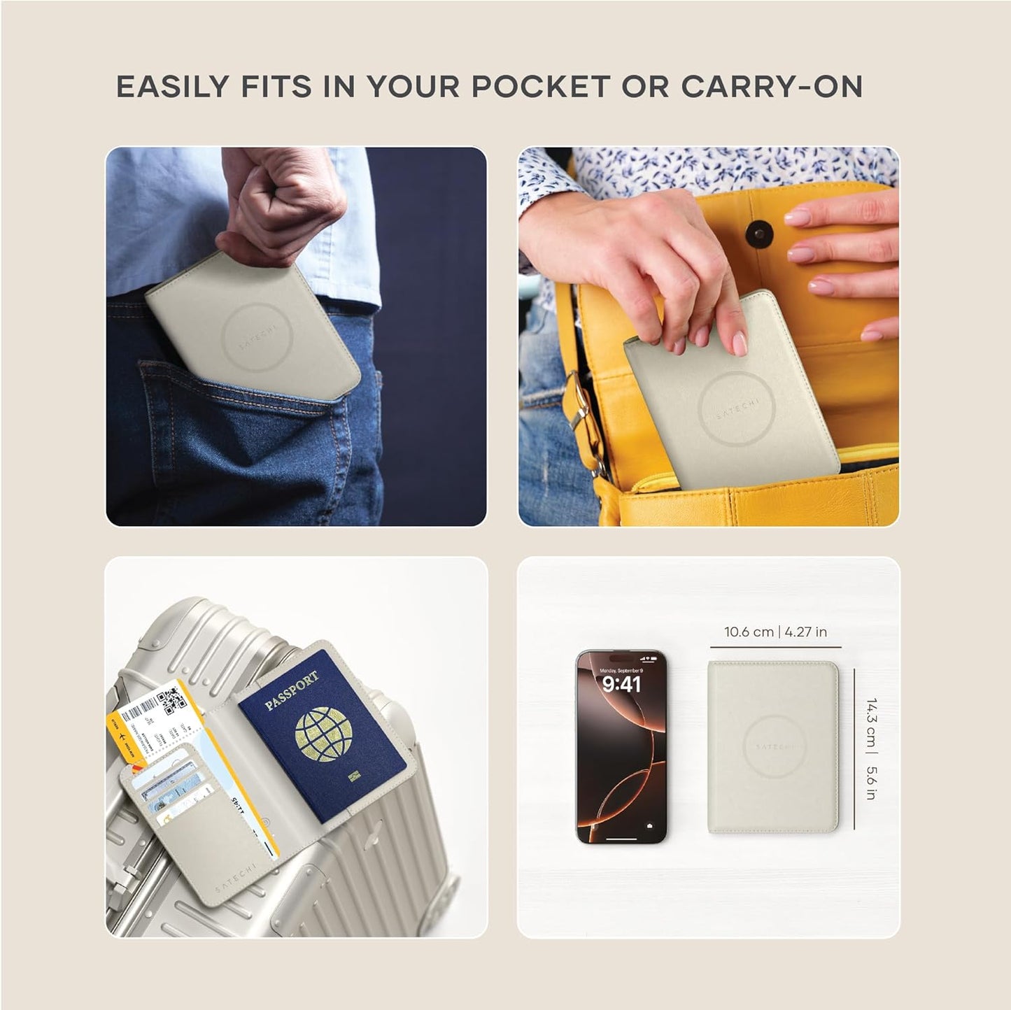 Satechi Passport Holder for Travel with Find My, Passport Cover with 4 Card Holder, Wireless Charging, and RFID protection – Travel Essential Vegan Leather Passport– Sand