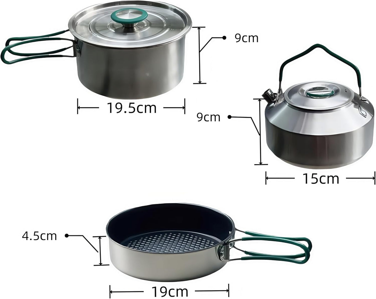 Stainless Steel Camping Cookware, durable, easy to clean, and quick to heat up. Compact camping cookware set, perfect for family picnics, camping, backpacking, hiking.