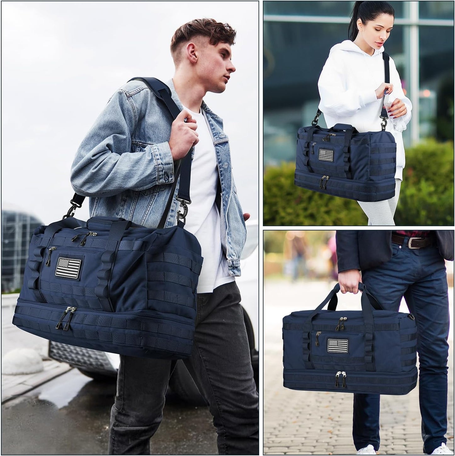 ETRONIK Travel Bag for Men Women, Gym Bag & Tactical Duffle Bags for Travel, Carry on with Toiletry Bag and Shoe Compartment, Weekender Overnight Trip with Wet Pocket for Workout Medical, Blue