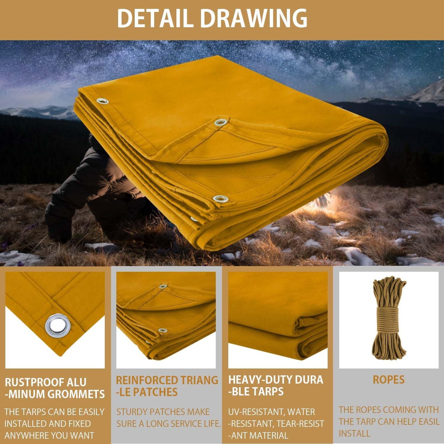 FoundGo 20x20ft Canvas Tarp 22 Mil Tarps 14 oz Canvas Tarpaulin Heavy Duty Cloth Water/UV Resistant Cover with Rustproof Grommets & Ropes for Cars,Roofs,Boats,Camps,Sunshades,Moisture Barrier -Tan