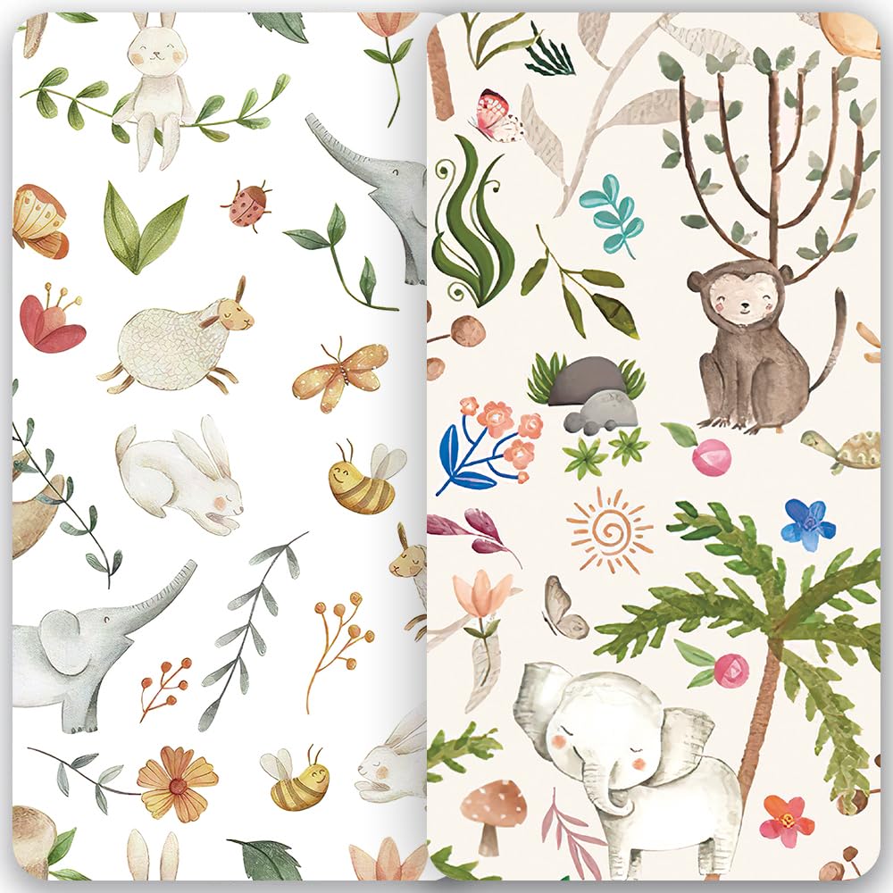 TotAha Crib Sheets for Boys Girls, Premium Soft Crib Mattress Fitted Sheet, Super Stretchy Jersey Knit Baby Sheets, Silky Comfort Baby Bed Sheets 28x52x9 Extra Deep Pocket, 2 Pack (Happy Zoo & Jungle)