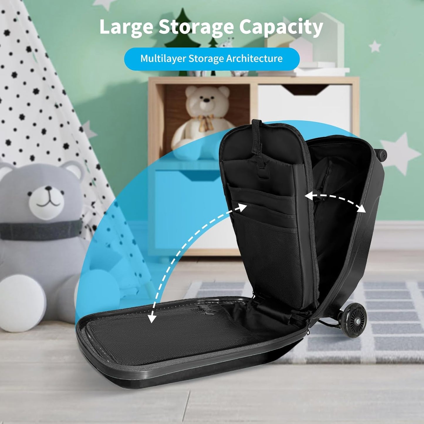 Scooter Hardshell Kids' Luggage, Foldable Carry on Kids Suitcase with Telescopic Handle for Travel, Multifunctional Ride On Lightweight Luggage with Wheels, Light Black