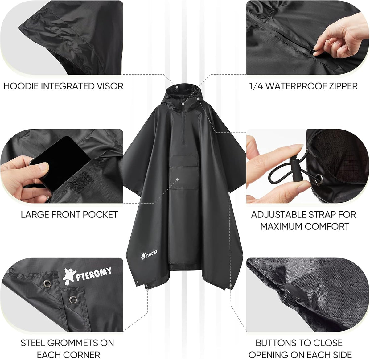 PTEROMY Hooded Rain Poncho for Adult with Pocket, Waterproof Lightweight Unisex Raincoat for Hiking Camping Emergency