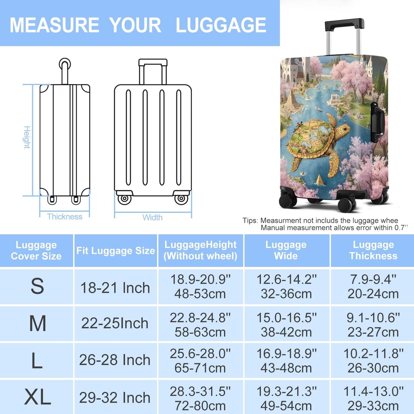 Turtle Luggage Cover Washable Suitcase Protector Anti-Scratch,Stretchable Fit for 20-34Inch Luggage Durable Travel Bag Cover with Zipper Closure (M(24-26inch suitcase))