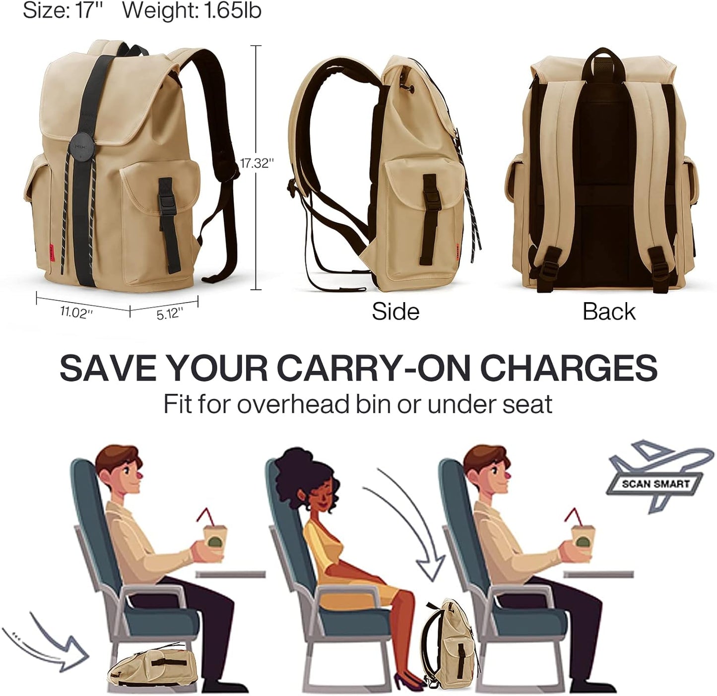 mixi Travel Laptop Backpack for Women & Men, Carry On Backpack fits 16'' Laptop Waterproof Rucksack,17 Inch, Mocha Brown
