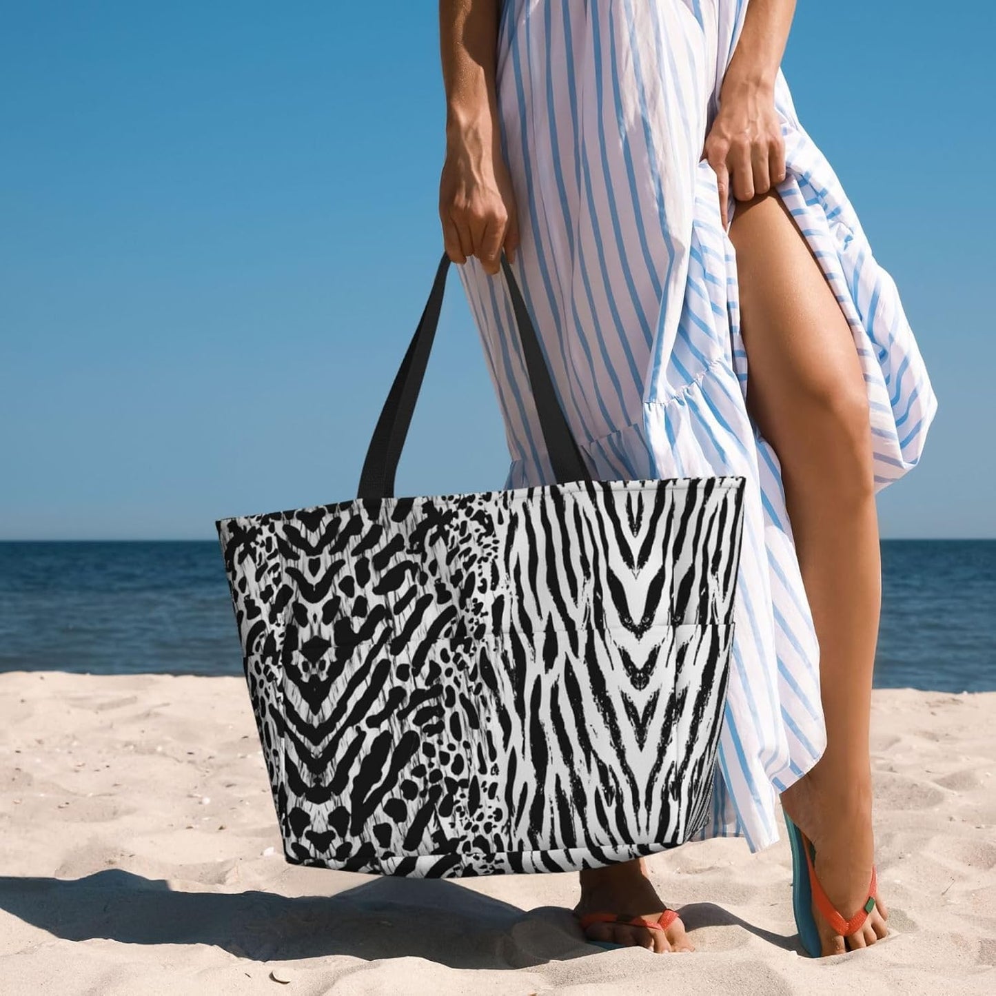 Beach Bag for Women Beach Tote Bag Waterproof Sandproof Large Bags with Zipper Big Capacity for Vacation Travel