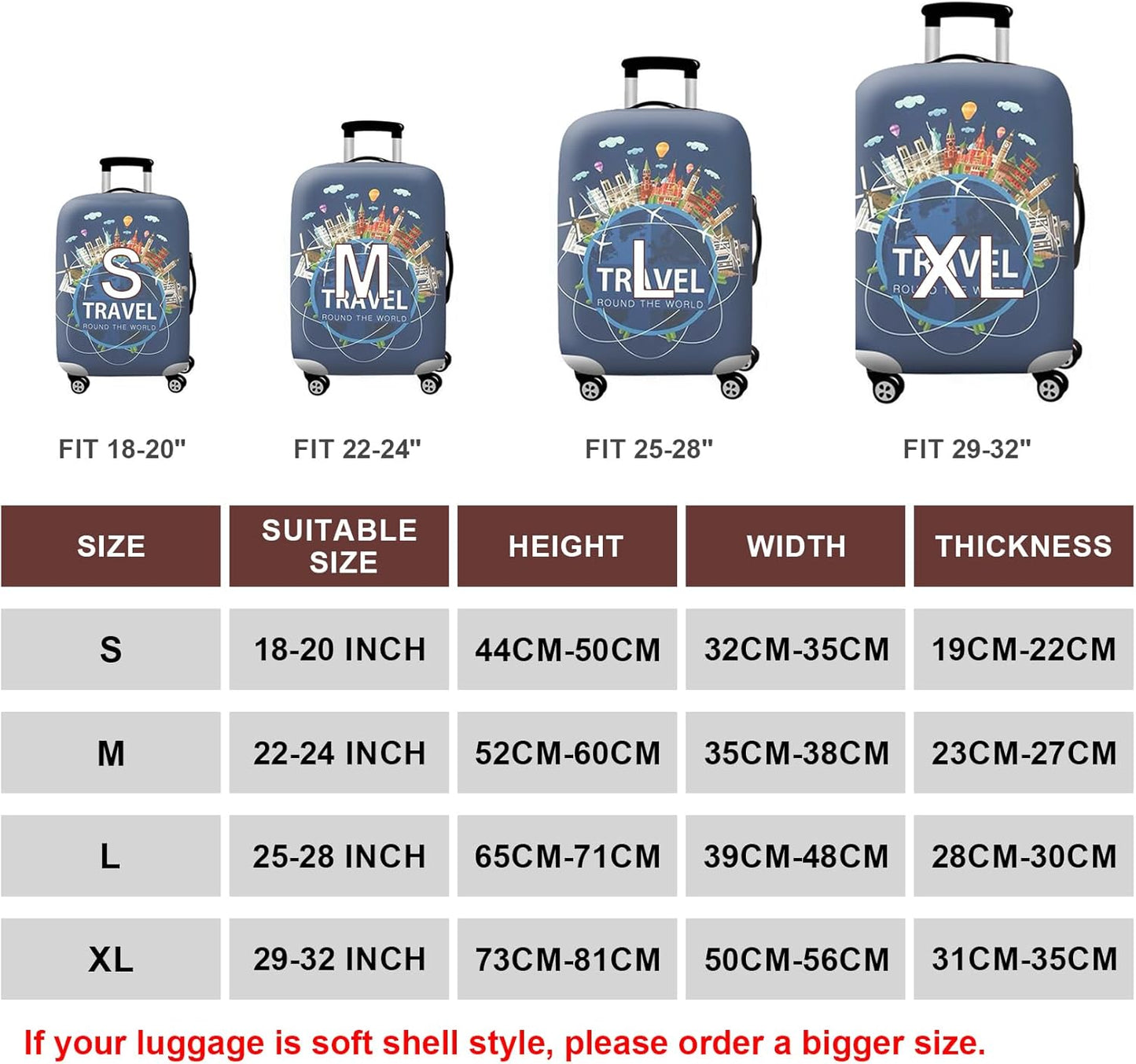WUJIAONIAO Travel Luggage Cover Baggage Suitcase Cover Protector Skins 18-32 Inch (A9 TRAVEL, XL (for 29-32 inch luggage))