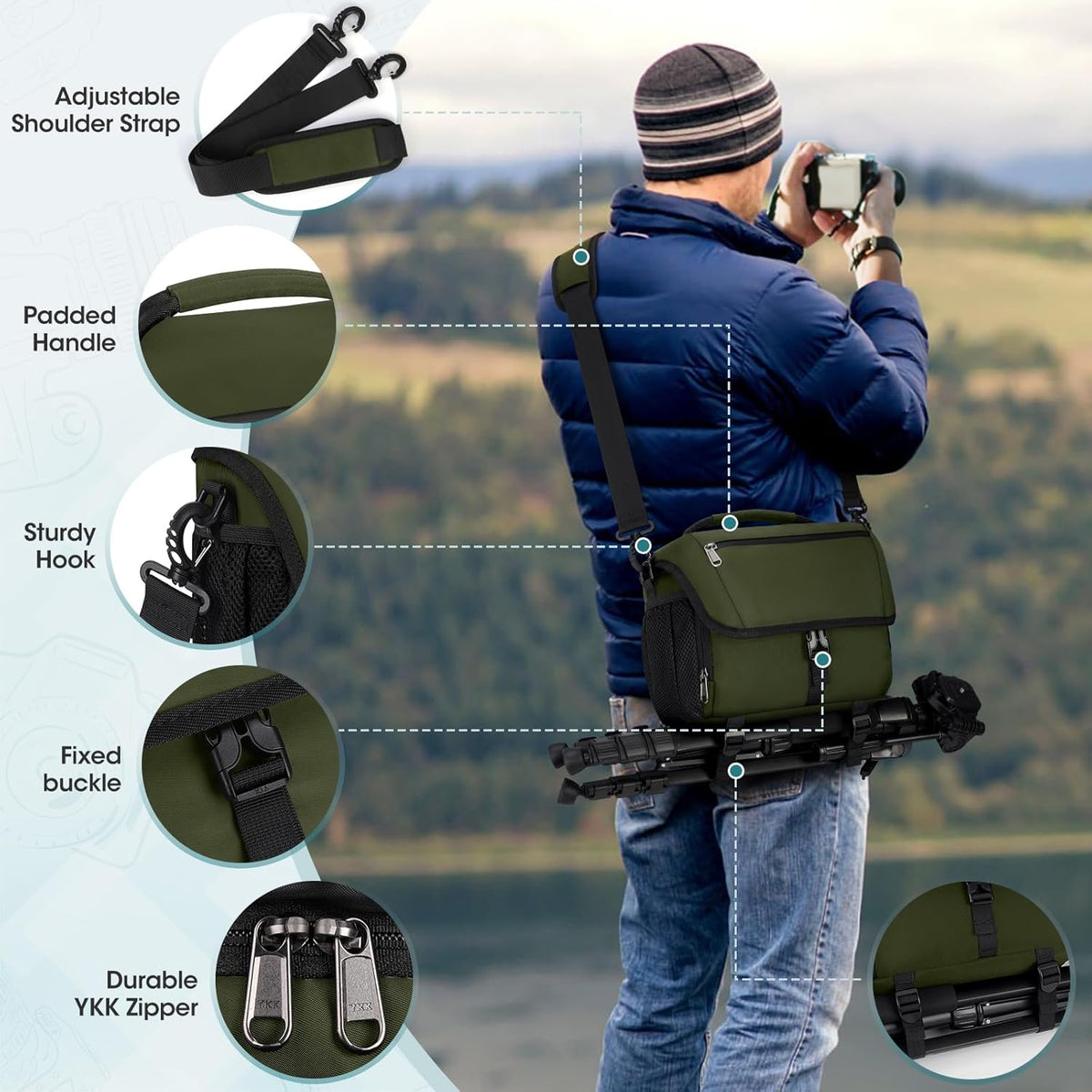 RAINSMORE Camera Bag, DSLR/SLR/Mirrorless Camera Case with Tripod Holder Waterproof Camera Sling Bag Crossbody Camera Bags for Photographers with Rain Cover for Canon/Nikon/Sony/Fuji, Green