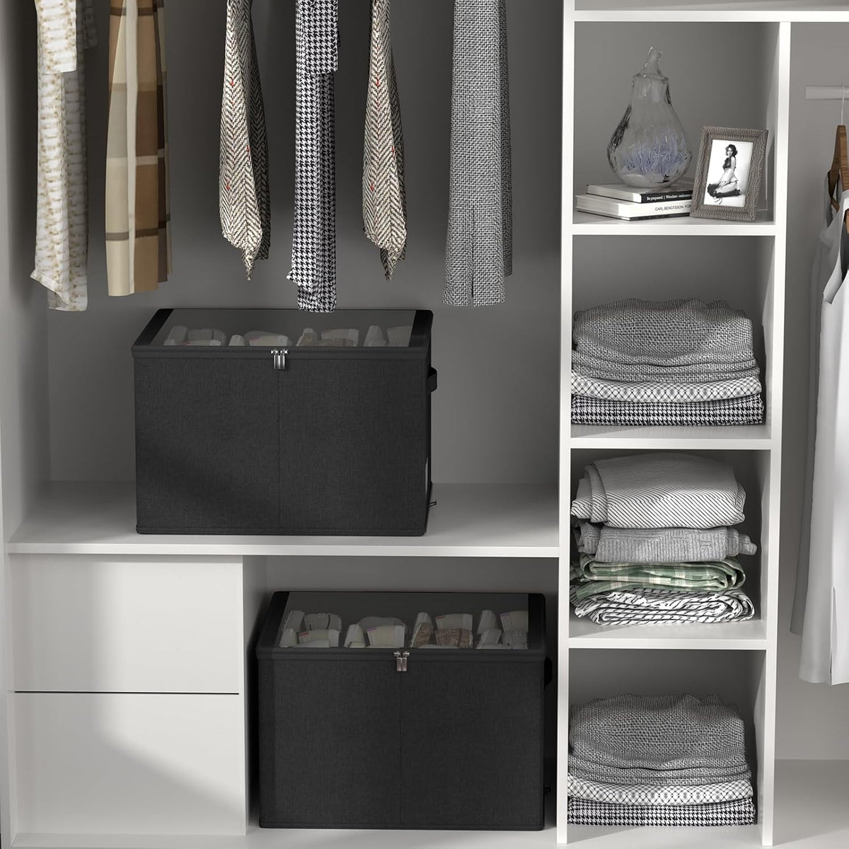 Shoe Organizer for Closet, 2 Pack Sturdy Shoe Storage Bins with Clear Cover, Fits 16-32 Pairs, Foldable Shoe Storage Box with Reinforced Handles (Black, 19.7 * 15.7 * 12.6in)