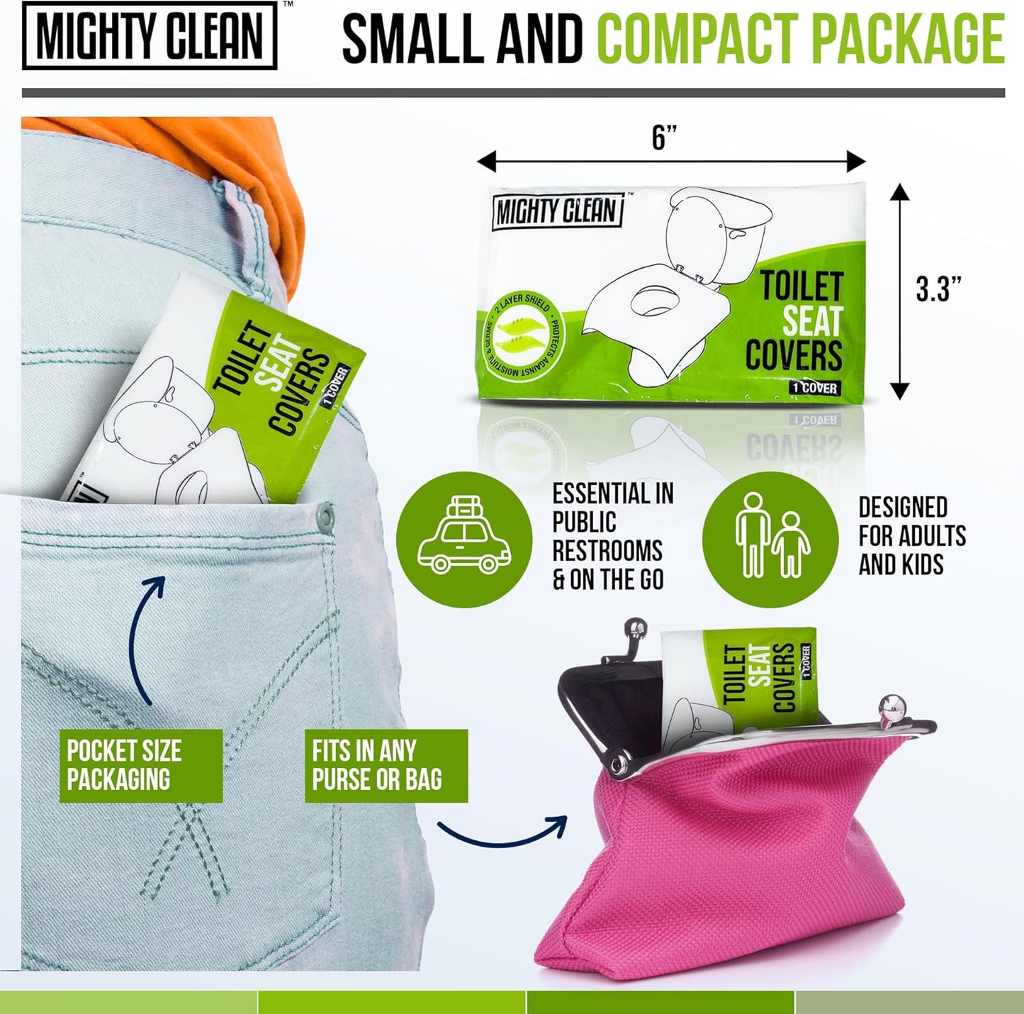 XL Disposable Toilet Seat Covers by Mighty Clean|100% Waterproof |Individually Wrapped, Extra Wide Covers for Adults and Kids|20 Count