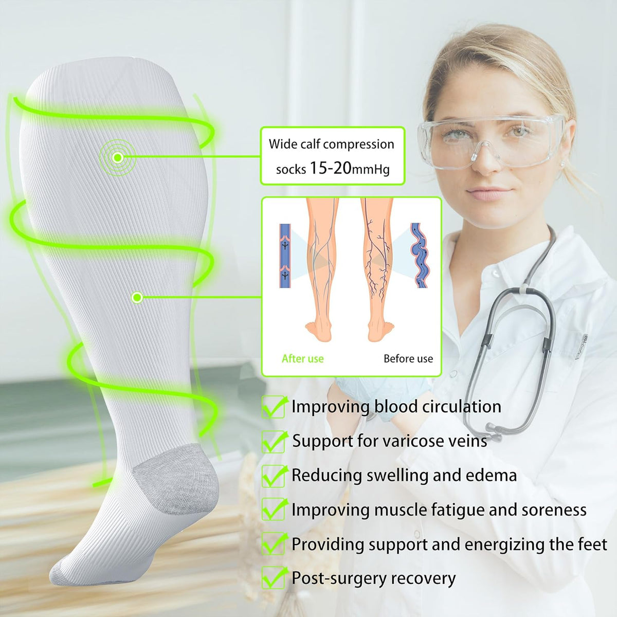 LEVSOX Wide Calf Compression Socks for Women&Men Plus Size 15-20mmHg Knee High Large Support Stockings for Circulation