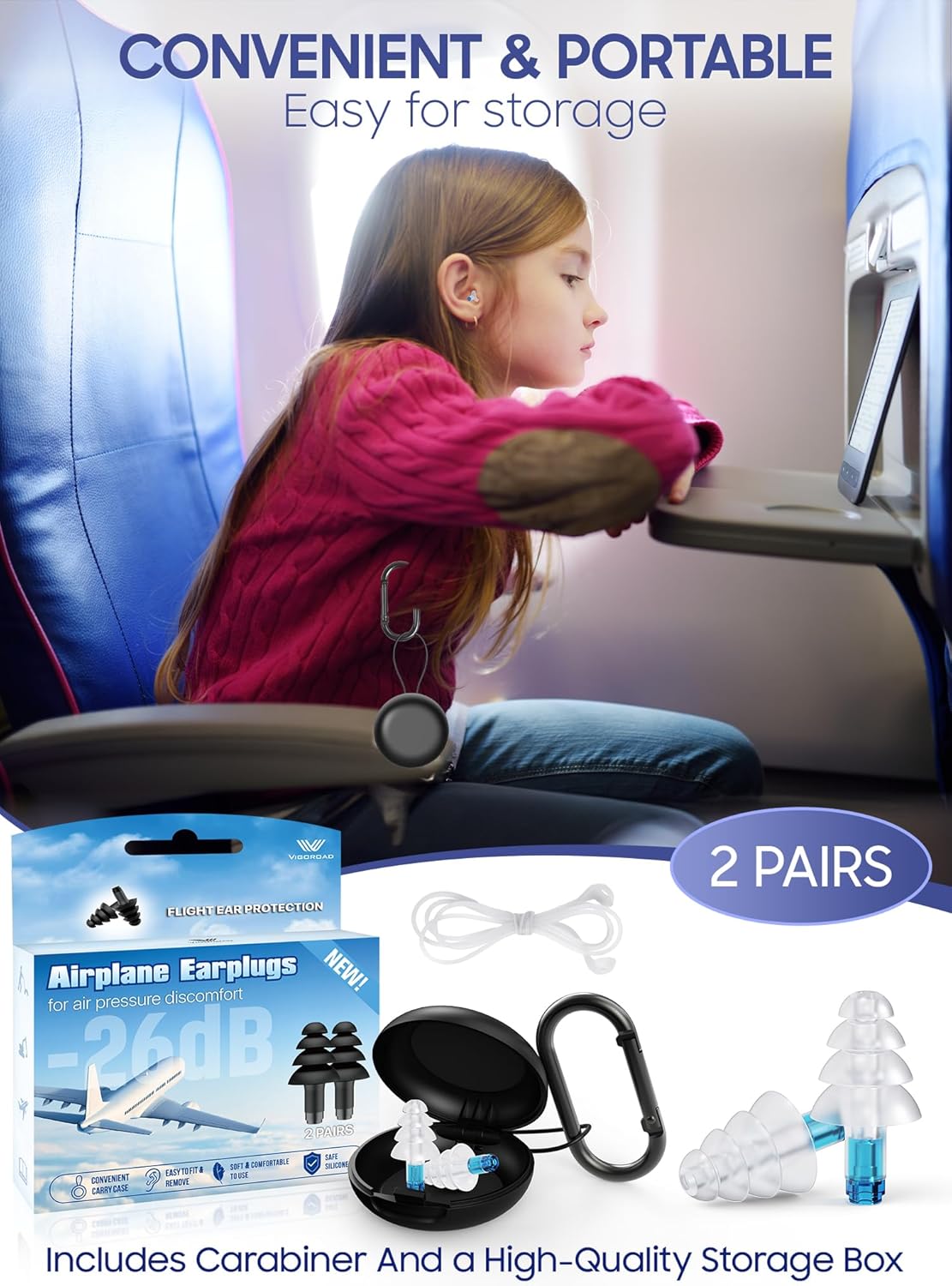 Ear Plugs for Airplane Pressure Relief, 2 Pairs Kids 6+, Adults/Small Canal Reusable Airplane Earplugs 26dB, with Silicone Connector Cord, Travel Essentials for Flying, Ear Protection Earplugs