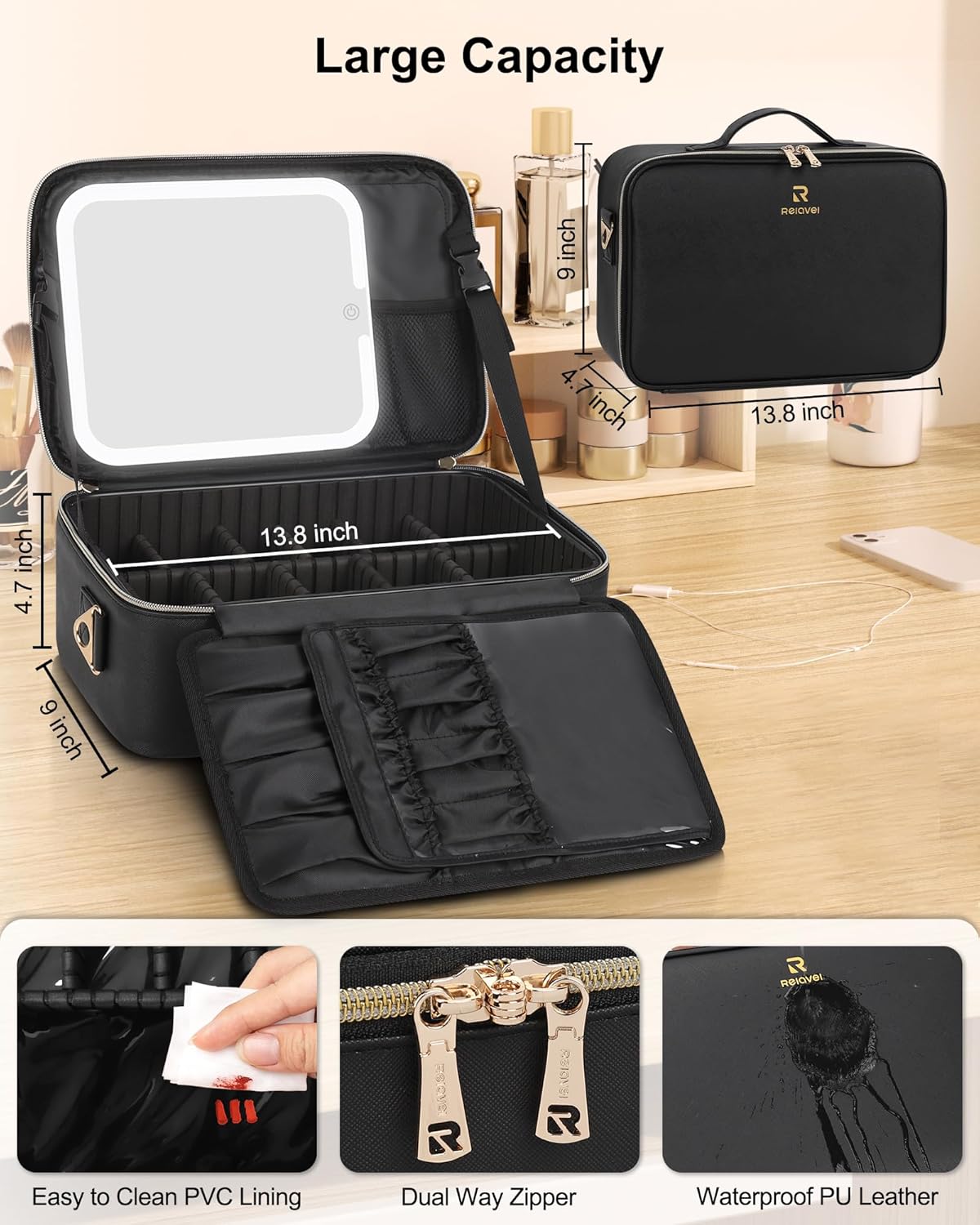 Relavel Makeup Bag with LED Mirror Travel Train Case Large Cosmetic Bags Organizer with Lighted Up Mirror with 3 Color Lights, Adjustable Brightness, Adjustable Dividers and Shoulder Strap (Black)