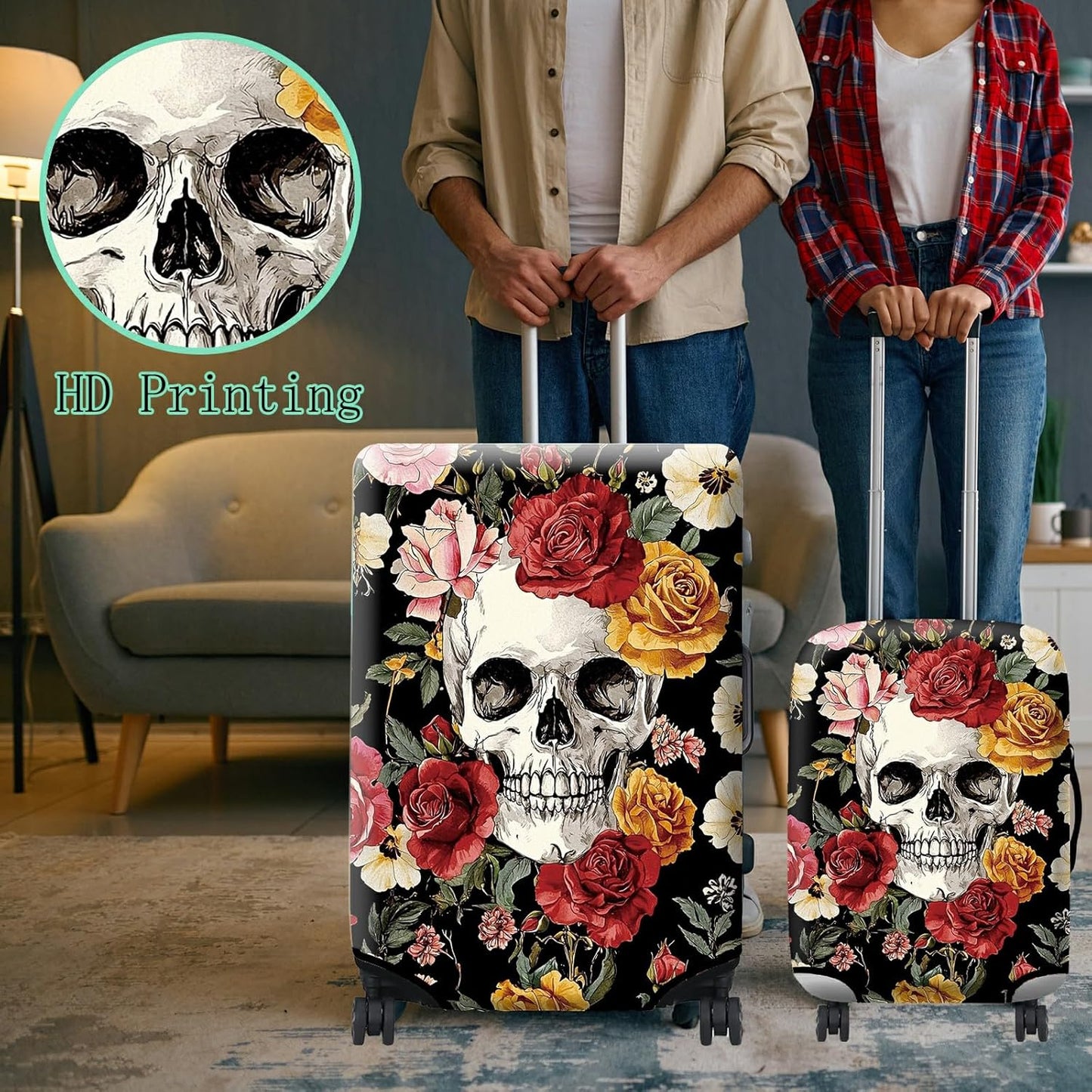 Luggage Cover Plus - Sugar Rose Skull Travel Suitcase Cover for 18-20 inch Luggage (S) with Concealed Zipper, Washable Elastic Cloth, Dustproof, Anti-Scratch