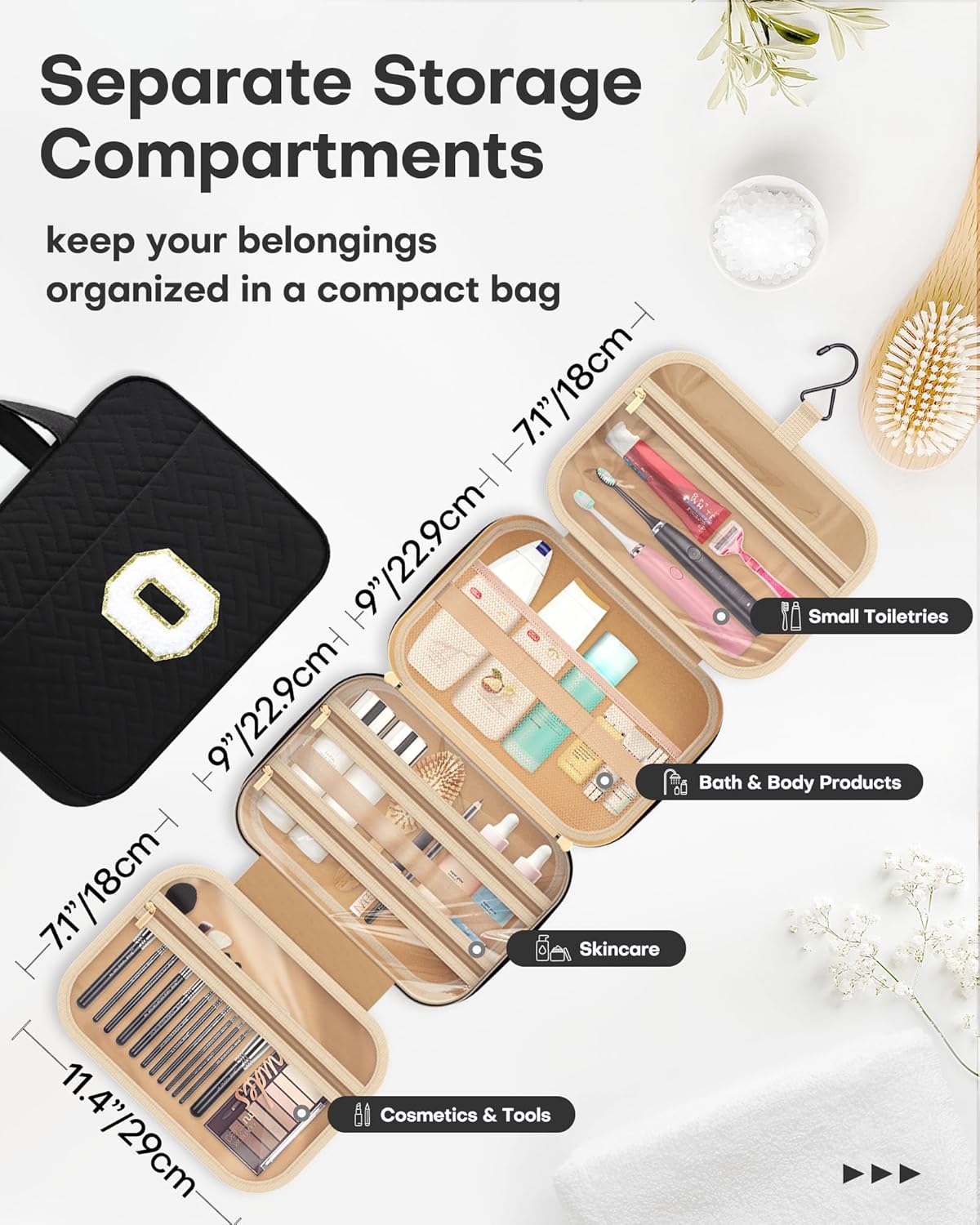 HOTOR Travel Toiletry Bag - Personalized Chenille Initial Makeup Bag, Water-Resistant Personalized Gifts for Women, Portable Travel Accessories & Essentials, Letter O, Black, 11.4"×9.0"×3.35"