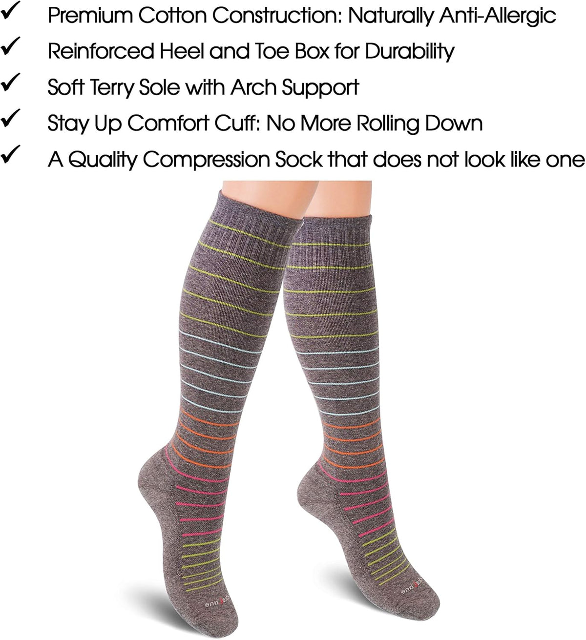 Cotton Compression Socks for Women & Men. 15-20 mmHg Support Knee-High Charcoal Gray X/W