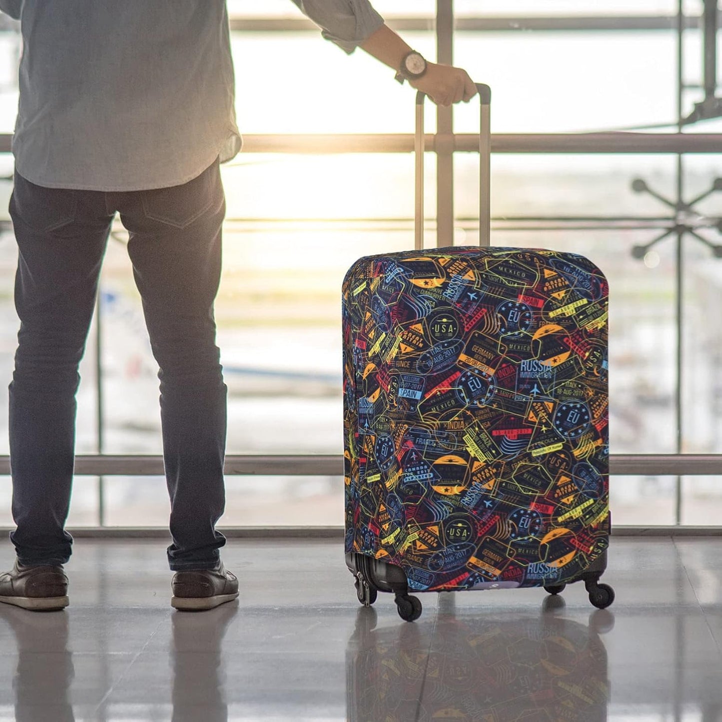 Explore Land Travel Luggage Cover Suitcase Protector Fits 27-30 Inch Case (Stamp, L)