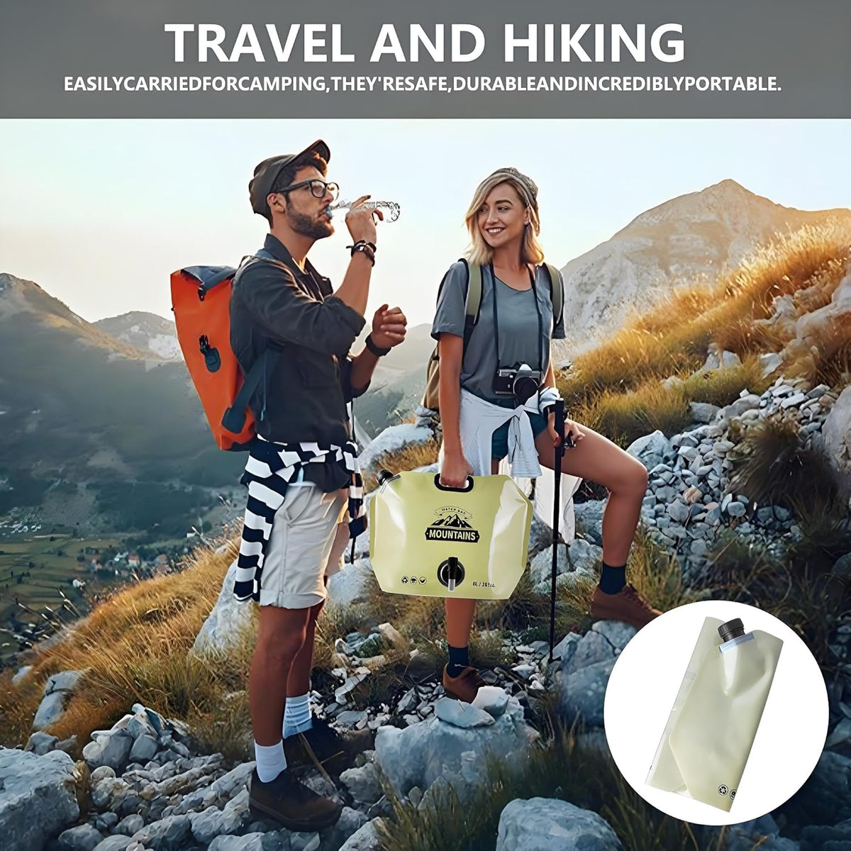 Collapsible 8L Water Storage Bag, BPA-Free Portable Folding Water Jug with Adjustable Faucet, Leakproof Emergency Water Bag for Camping, Hiking, Riding, Outdoor Sport (BEIGE & GREEN, 2)