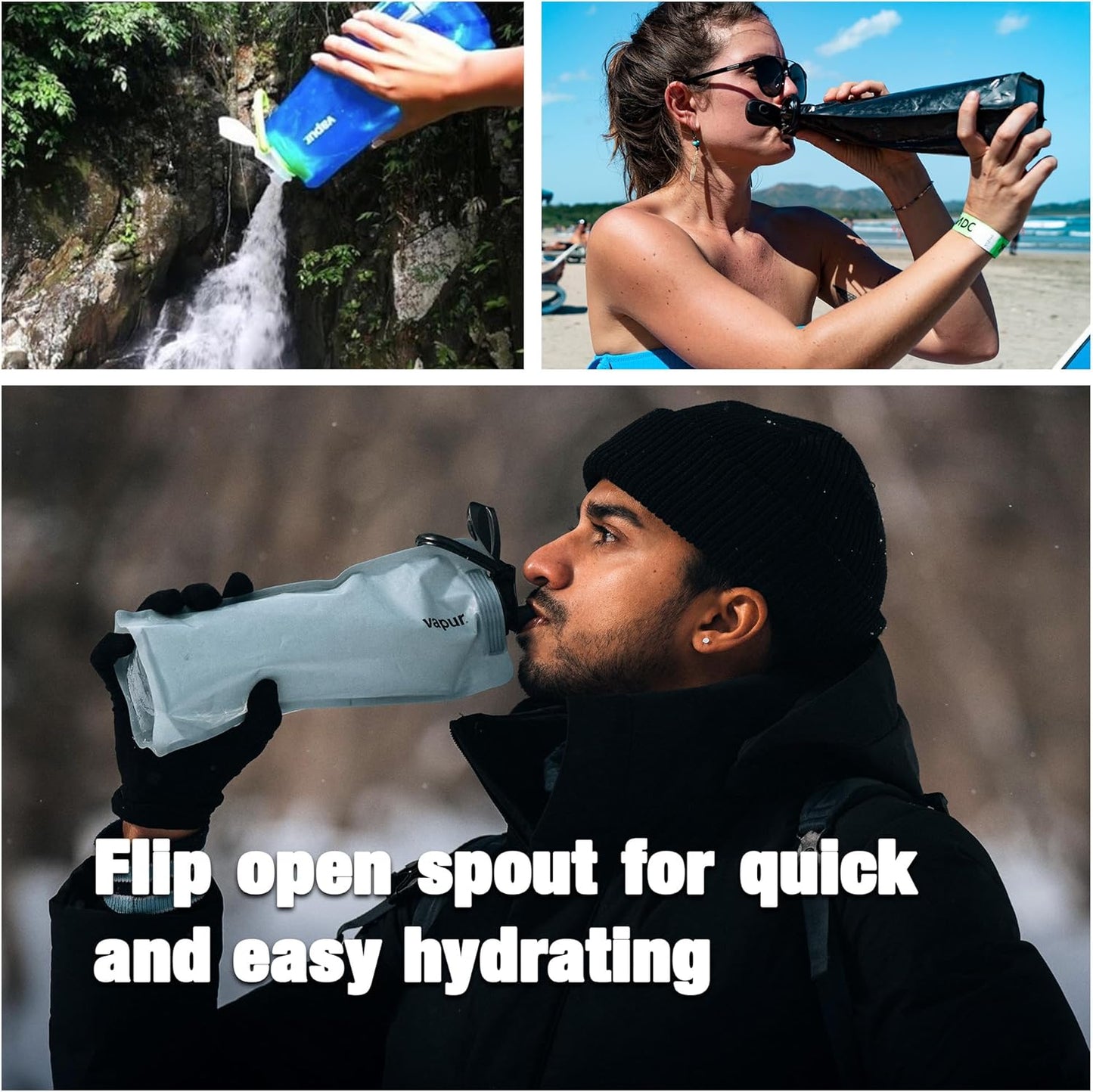 Vapur Collapsible Water Bottle With Carabiner, Compact Bottle Folds Flat For Hydration On The Go, Ideal for Traveling, Hiking or Camping, 23 Ounce, Sea Glass, Pack of 1