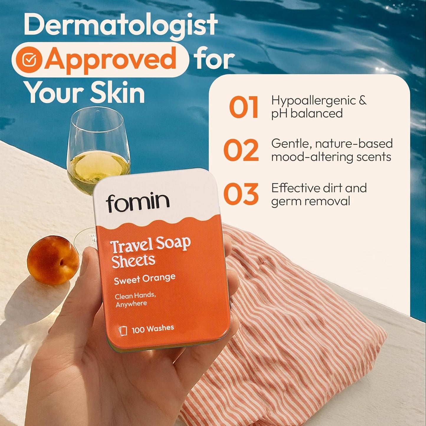 FOMIN - Antibacterial Paper Soap Sheets Tin for Traveling - (100 Sheets) Orange Portable Travel Hand Soap Sheet, Dissolvable Mini Camping Hand Soap for Hand Washing