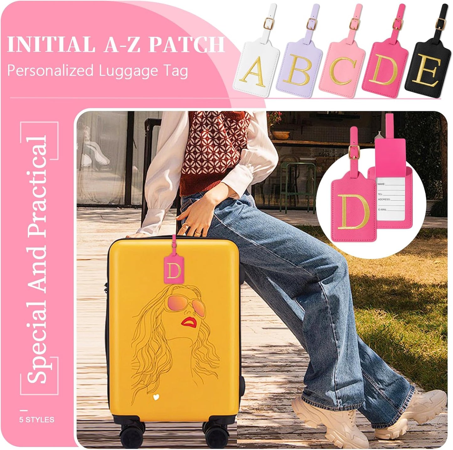 Personalized Initial Rose Red Leather Cute Luggage Tags with Privacy Cover Name Card, Custom Monogram Embroidered