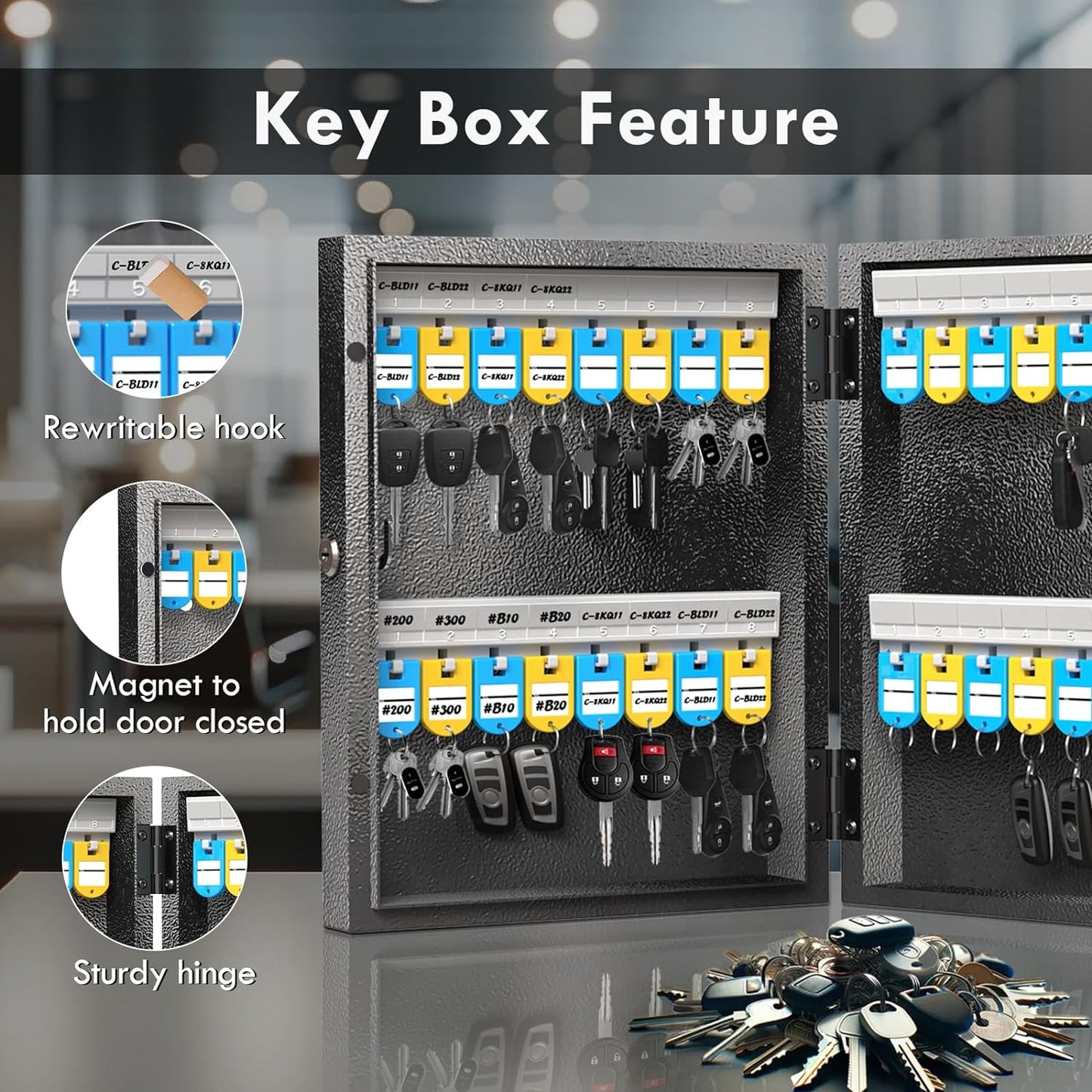 WeHere 32 Key Lock Box with Dual Lock, Combination & Key Unlock, Key Cabinet Wall Mount with Key Tag Label, Key Holder Storage Lockbox for Store, Office, Company, House, App Key Directory ERP