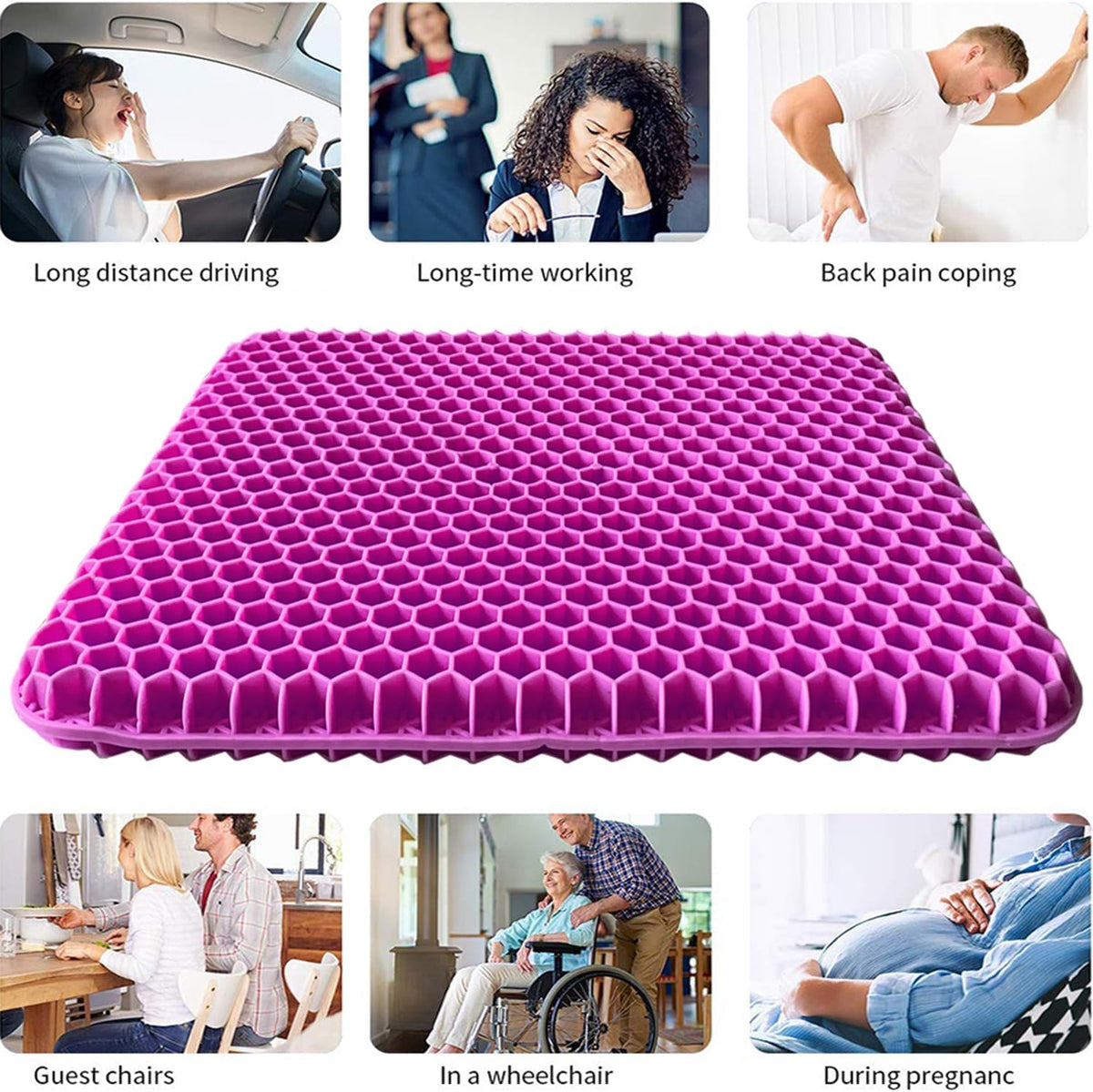 Gel Seat Cushion, Office Seat Cushion Chair Pads for Office Home Car Wheelchair Long Trips - Extra Large Gel Cushion for Pressure Sores, Tailbone, Back, Sciatica Pain Relief (Extra Large, Violet)
