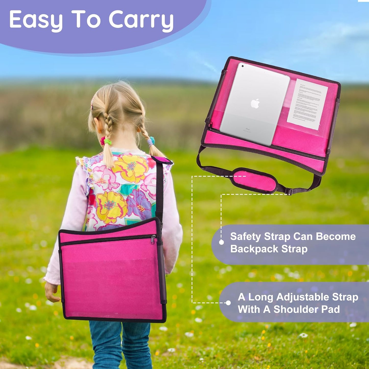 2Pcs Kids Travel Tray, Kids Travel Trays for Car Seat, Road Trip Essentials for Toddler, Carseat Lap Tray with Dry Erase Board & Storage Organizer for Road Trip Activities for Kid, Pink