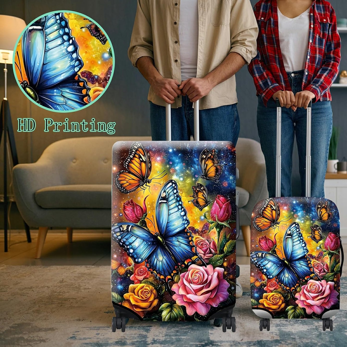 Suitcase Protector Plus 1 Luggage Tag, Colorful Rose Butterfly Travel Cover for 26-28 inch Luggage with Concealed Zipper Washable Elastic Cloth Dustproof Anti-Scratch