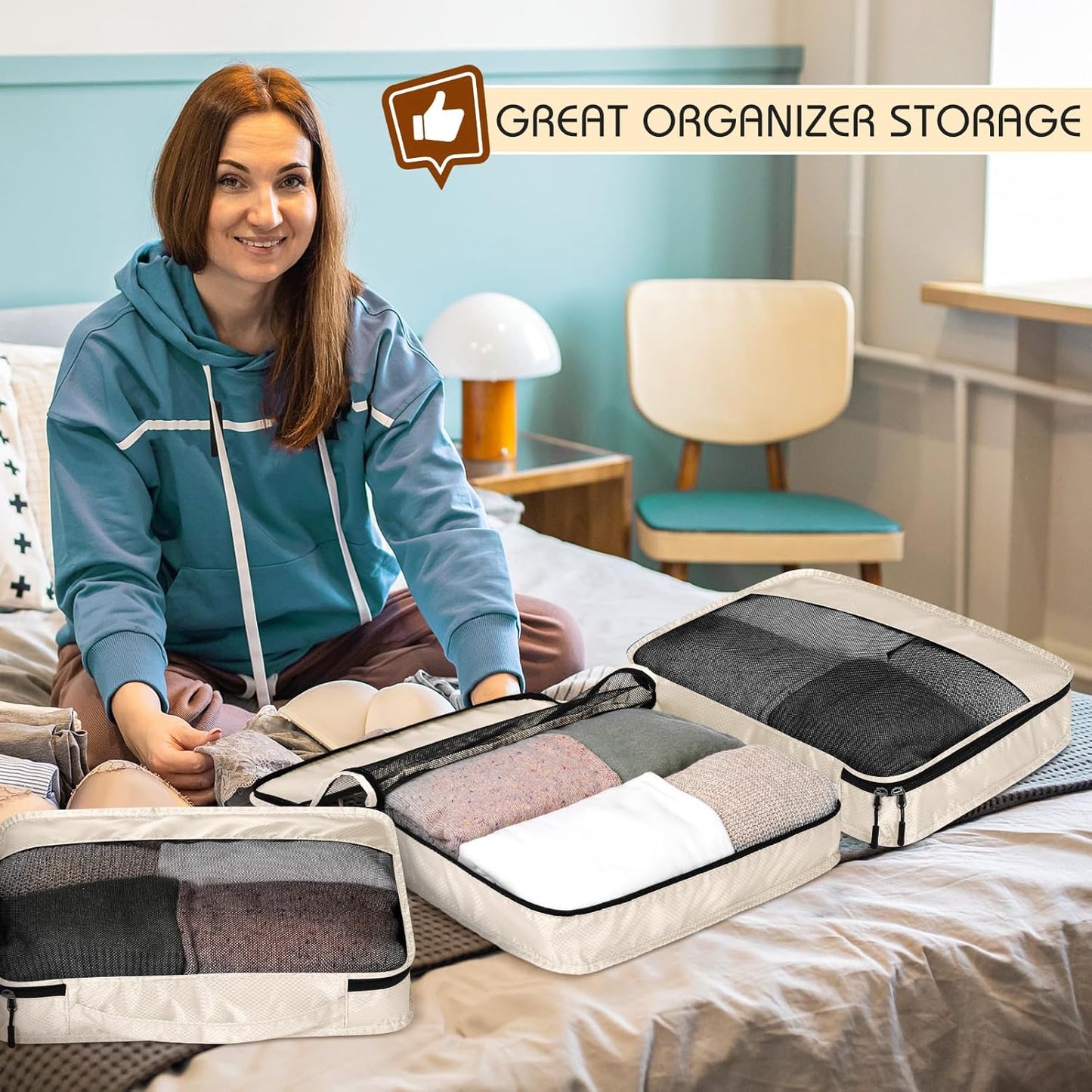 5 Pcs Packing Cubes for Suitcase Large Travel Cubes Carry on Luggage Organizer Bags for Clothes Accessories(S,Khaki)