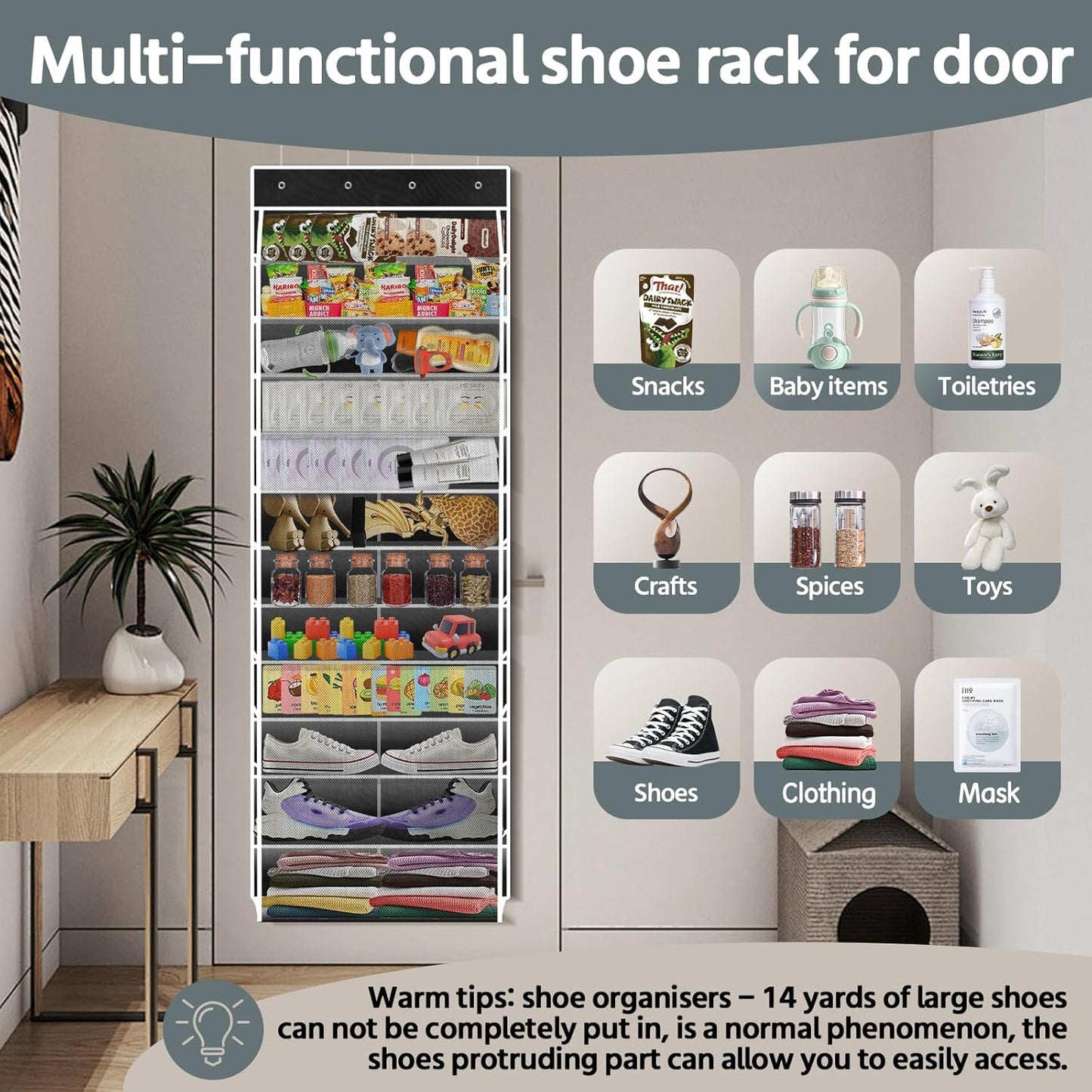 12 Pocket Over the Door Shoe Organizer,Reusable Breathable Large Mesh Bag Men's & Women's Sneaker Organizer,Shoe Organizer for Kids,Hanging Shoe Storage Hanging Bag (Black)