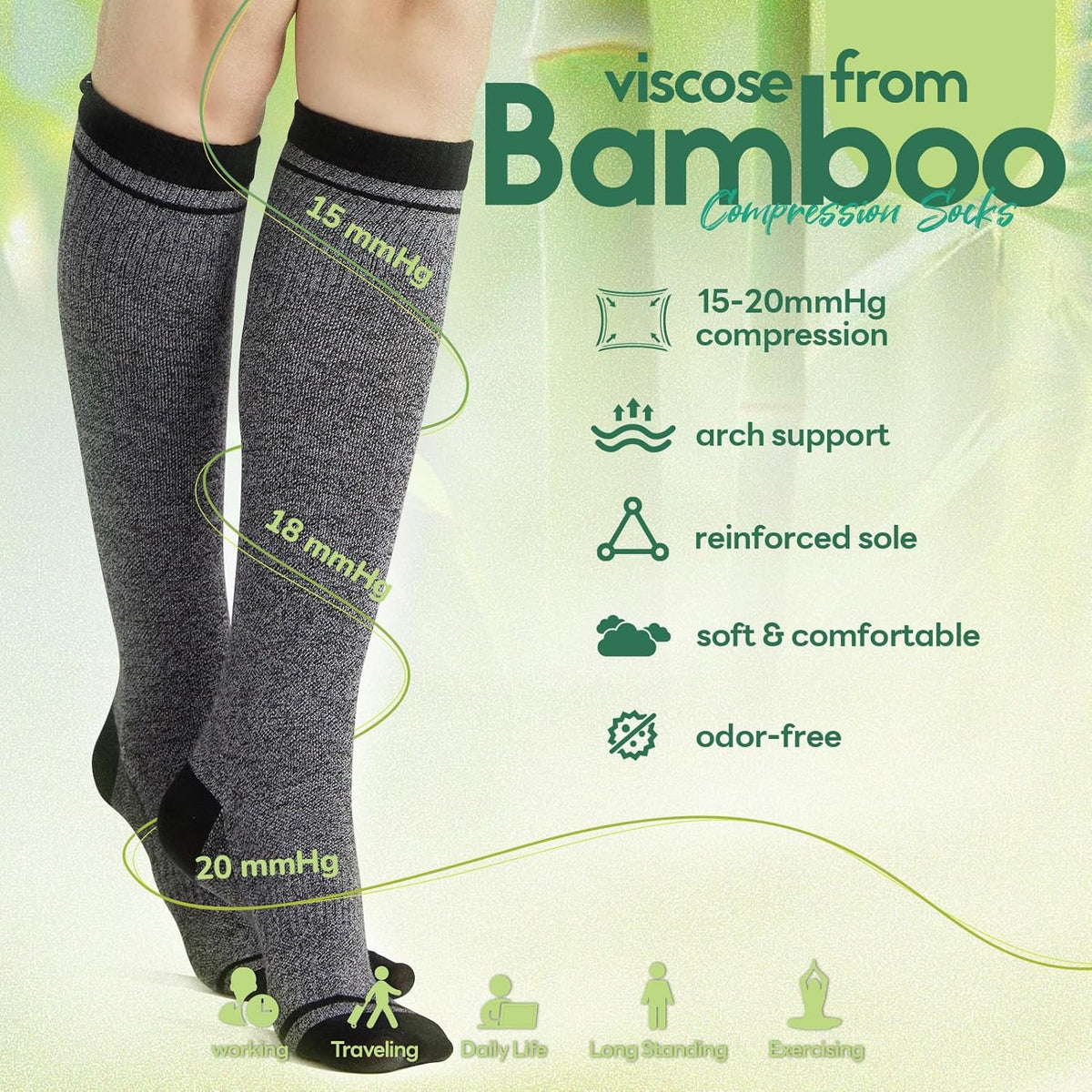 Mens Compression Socks for Men Women, 15-20 mmHg Bamboo Viscose Knee High Soft Support for Travel Daily