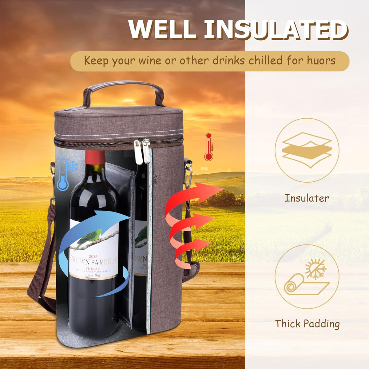 Tirrinia 2 Bottle Wine Gift Tote Carrier - Leakproof & Insulated Padded Versatile Wine Cooler Bag for Travel, BYOB Restaurant, Party, Dinner, Gift for Wine Lovers, Brown