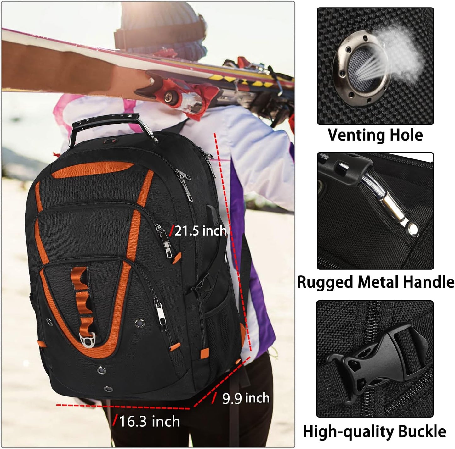 18.4 Laptop Backpack Women Men, 55L-60L Flight Approved Extra Large Travel Backpack RFID Anti Theft and TSA Friendly Backpack, Water Resistant College School Heavy Duty With USB Charging Port, Orange