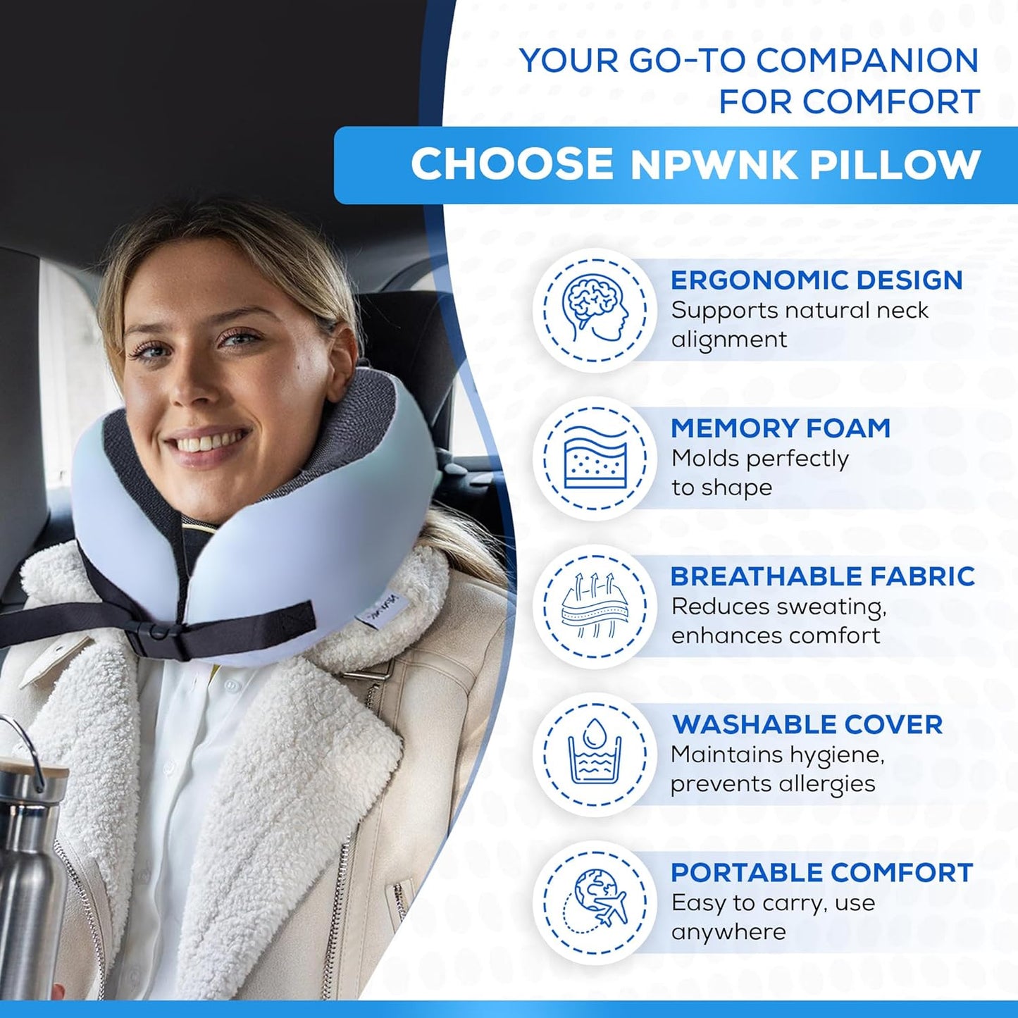 Pure Memory Foam Travel Pillows for Airplanes ā Ergonomic Design with Adjustable Fit, Machine Washable, 3D Eye Mask & Compact Plane Pillow for Traveling ā Grey & Blue
