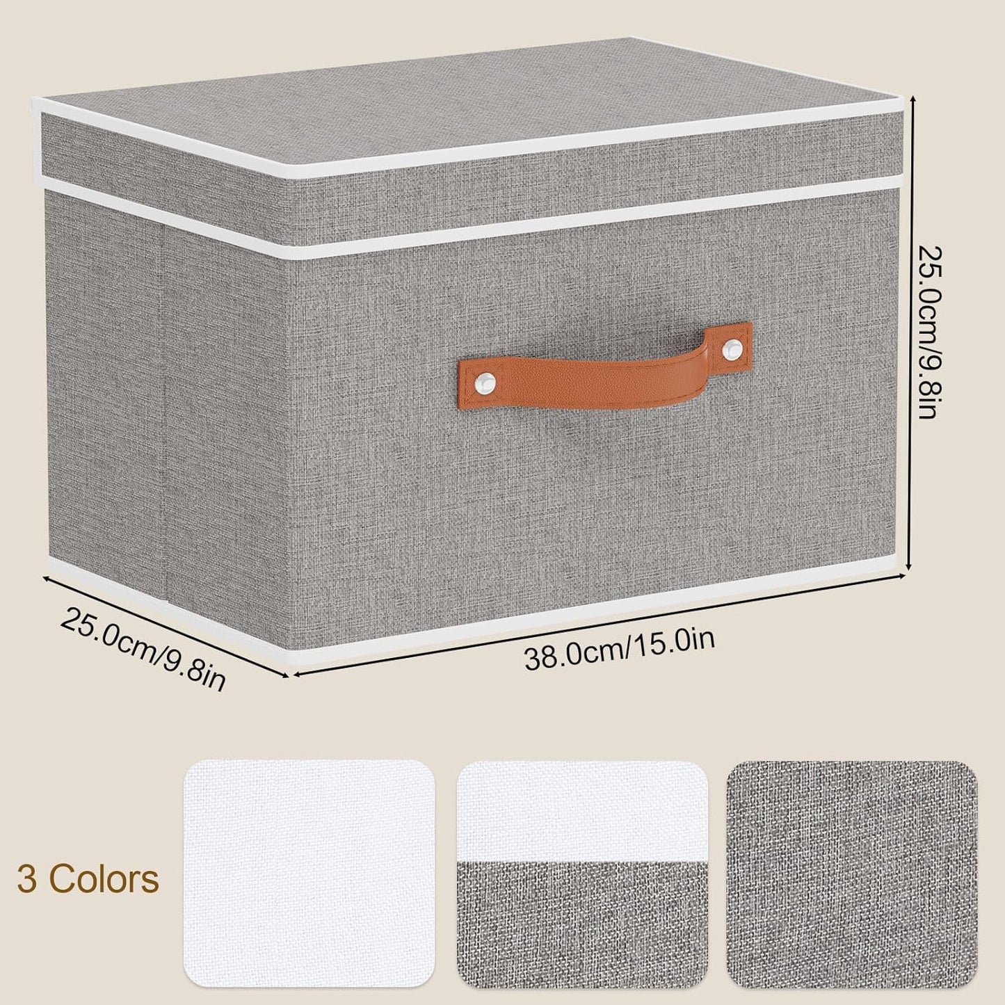 Collapsible Storage Bins with Lids, 5 Pack Linen Foldable Cloth Baskets, 15 x 9.8 x 9.8 Inch Closet Organizer Containers with Double Handles, Sweater Boxes for Bedroom, Grey