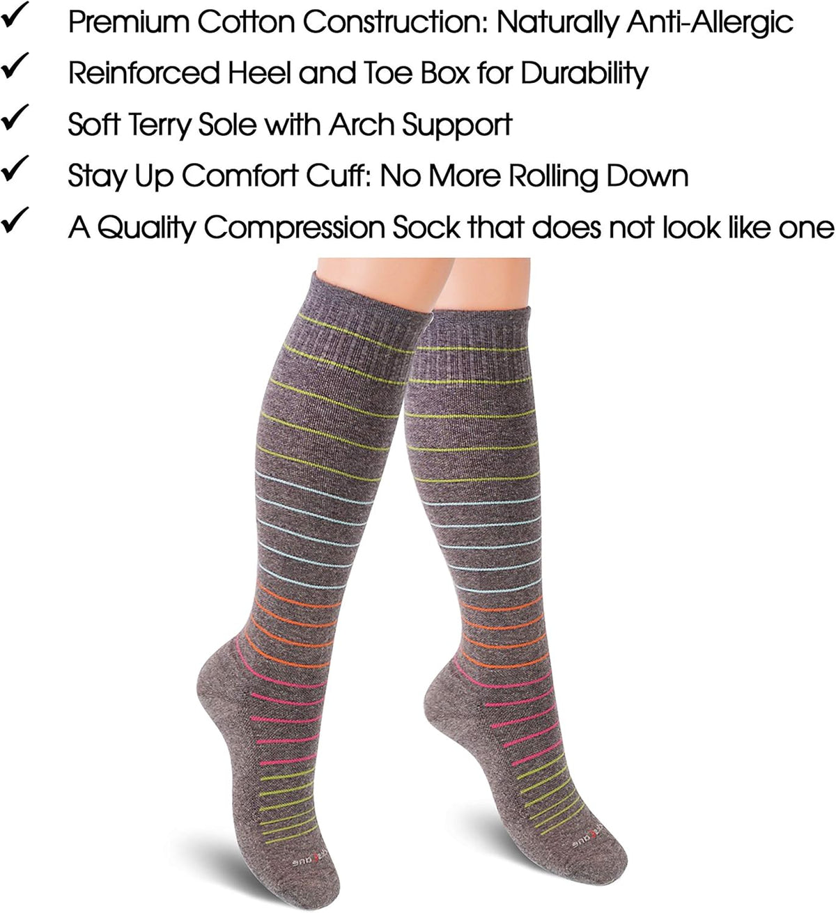 Cotton Compression Socks for Women & Men. 15-20 mmHg Support Knee-High Charcoal Gray S/M