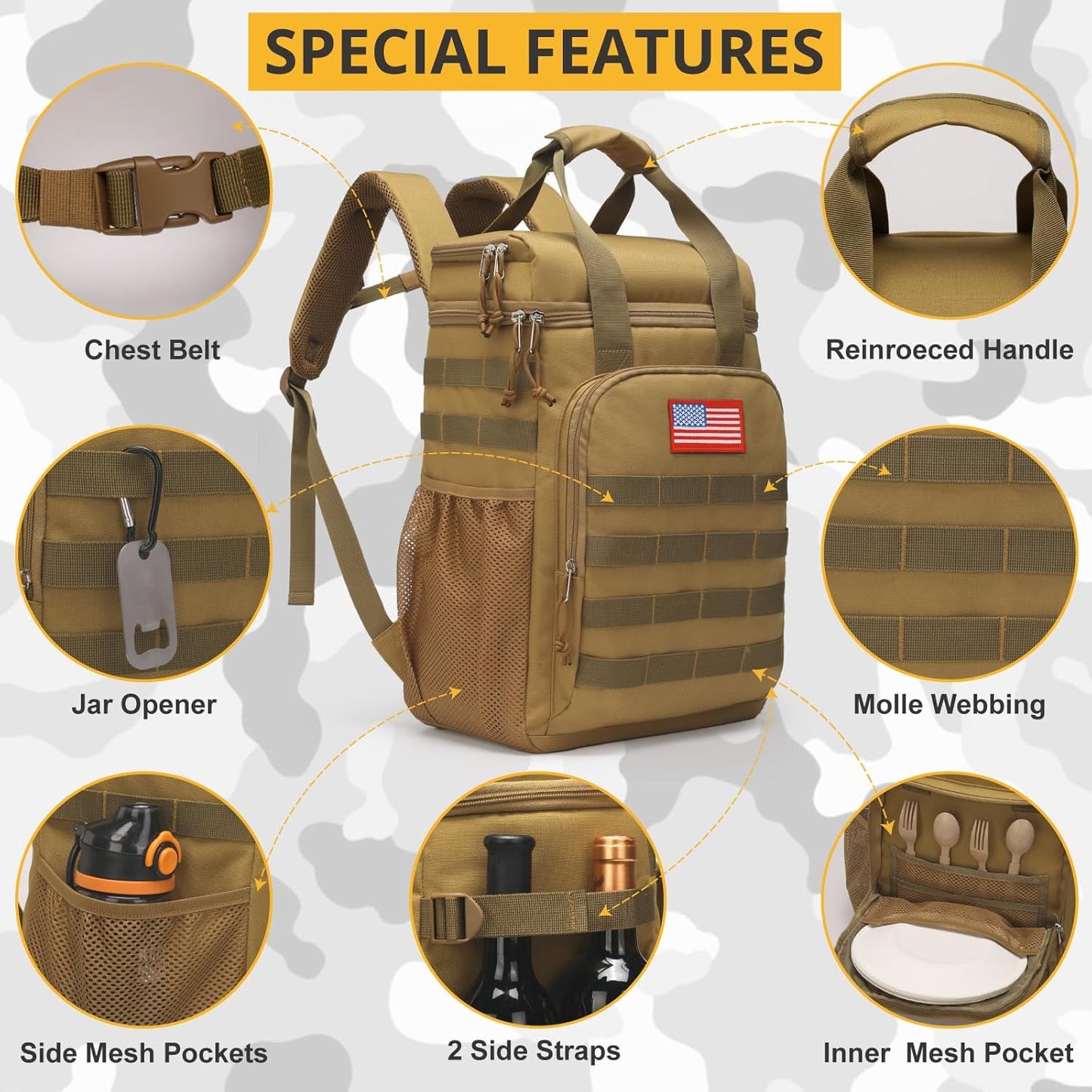 Tactical Backpack Cooler,Lunch Backpack for Men Adults Work with Handle,Soft Cooler Backpack Insulated Waterproof Leak Proof