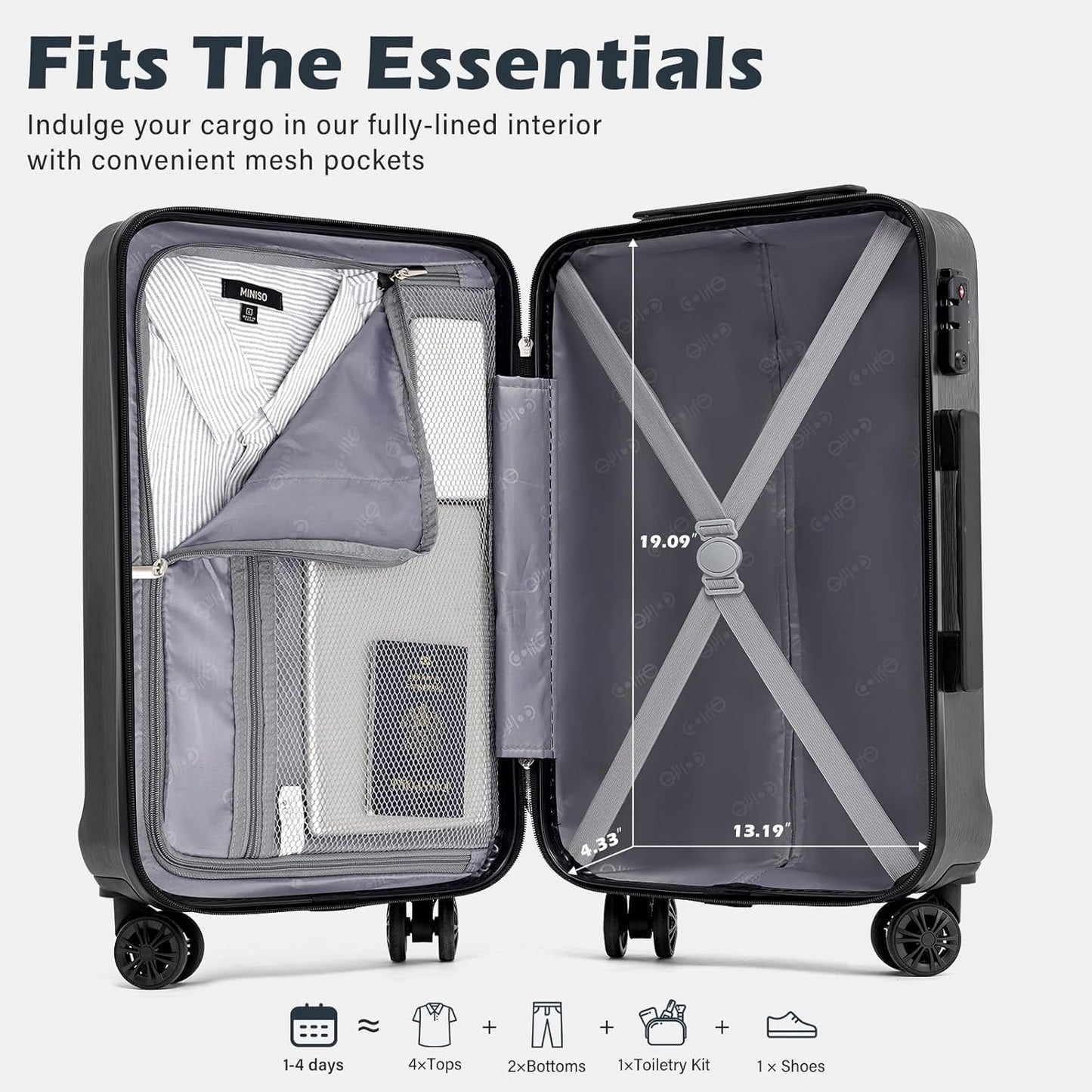 Coolife Luggage Suitcase PC+ABS with TSA Lock Spinner Carry on Hardshell Lightweight 20in 24in 28in(sliver, S(20in_carry on))