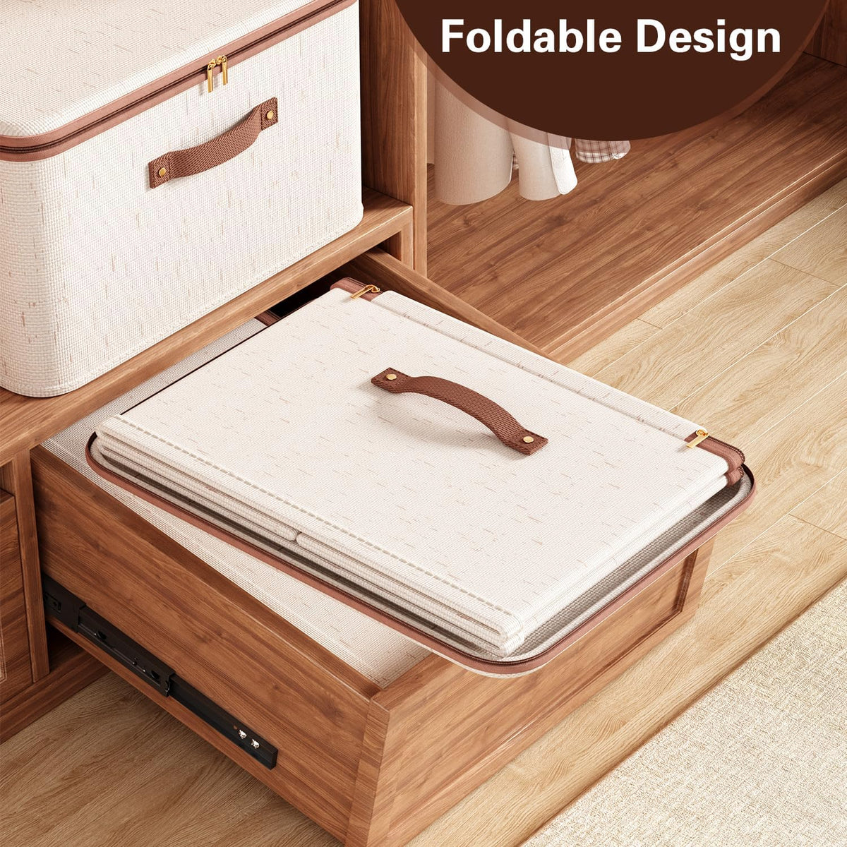 Tuza 3 Pcs Rigid Storage Bins with Zipper Lid, Cotton Linen Fabric Storage Boxes, Foldable Shelves Clothes Storage Cubes with Handles for Wardrobe, Closet(Beige, 25L)