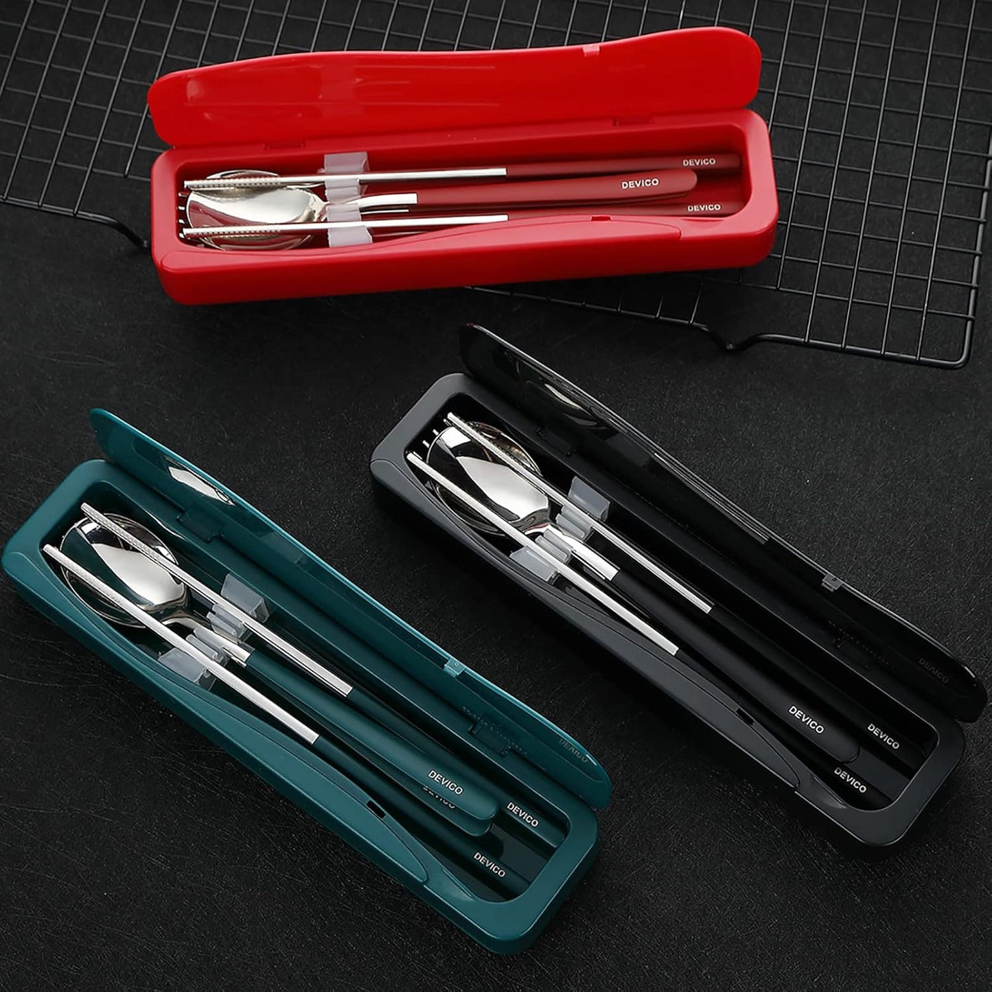 DEVICO Travel Utensils With Case, 18/8 Stainless Steel Camping Utensils, Reusable Portable Silverware Cutlery Set For Lunch Box, Include Fork Spoon Chopsticks