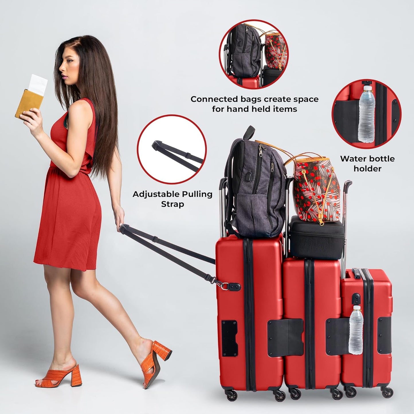 TACH V3.1 Hard Shell 3 Piece Luggage Set - 20, 24 & 28 inch Luggage | Carry On, Medium & Large Checked Suitcases | Patented Built-In Connecting System | Rolling Suitcase Links 9 Bags (Red)